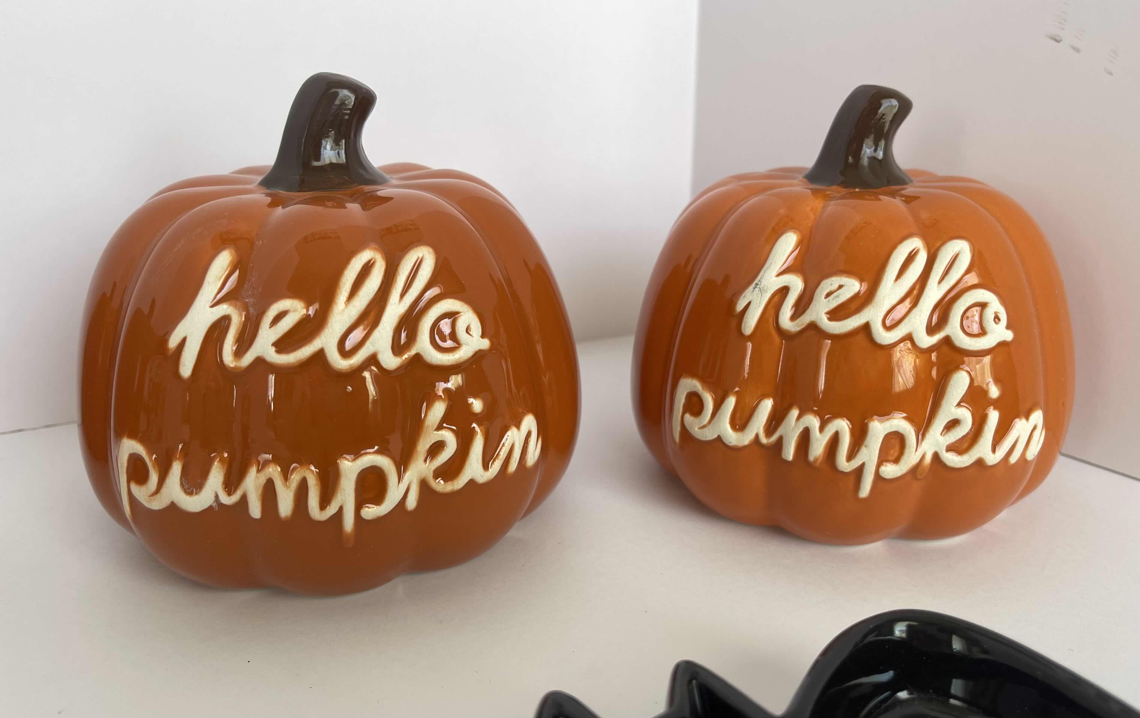 Photo 1 of HOLIDAY HALLOWEEN CERAMIC HELLO PUMPKINS H4.5” (4) & CERAMIC HALLOWEEN GHOST AND BAT CANDY DISHES MSRP $50