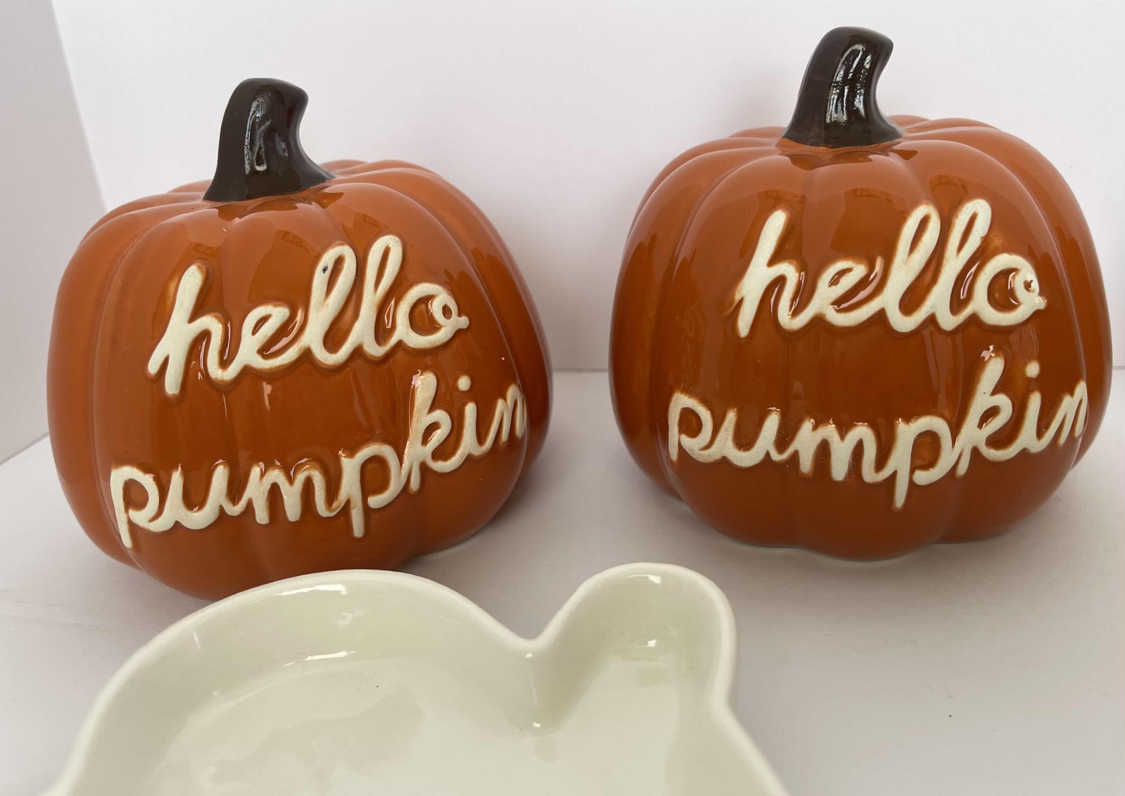 Photo 1 of HOLIDAY HALLOWEEN CERAMIC HELLO PUMPKINS H4.5” (4) & CERAMIC HALLOWEEN GHOST AND BAT CANDY DISHES MSRP $50