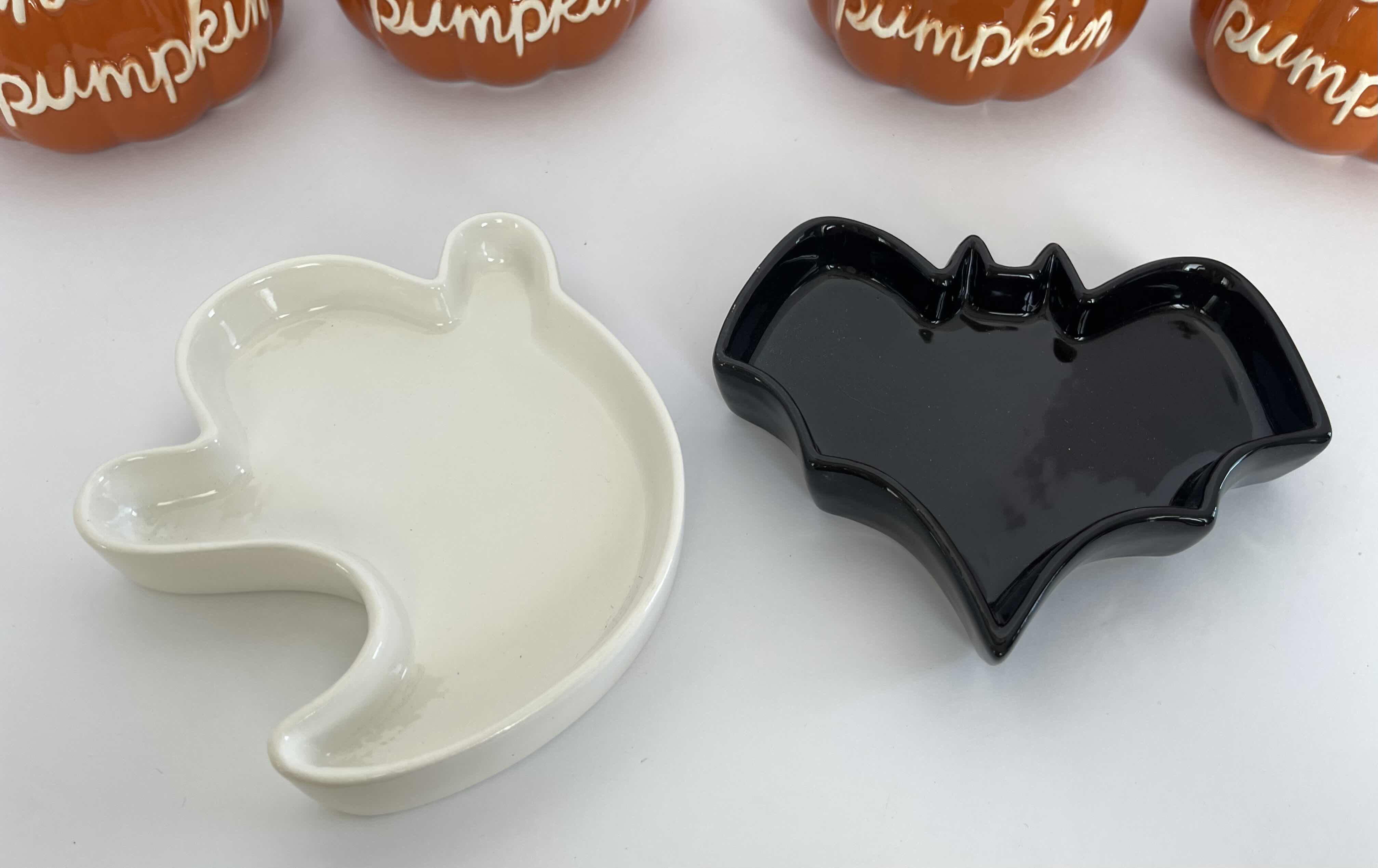 Photo 1 of HOLIDAY HALLOWEEN CERAMIC HELLO PUMPKINS H4.5” (4) & CERAMIC HALLOWEEN GHOST AND BAT CANDY DISHES MSRP $50
