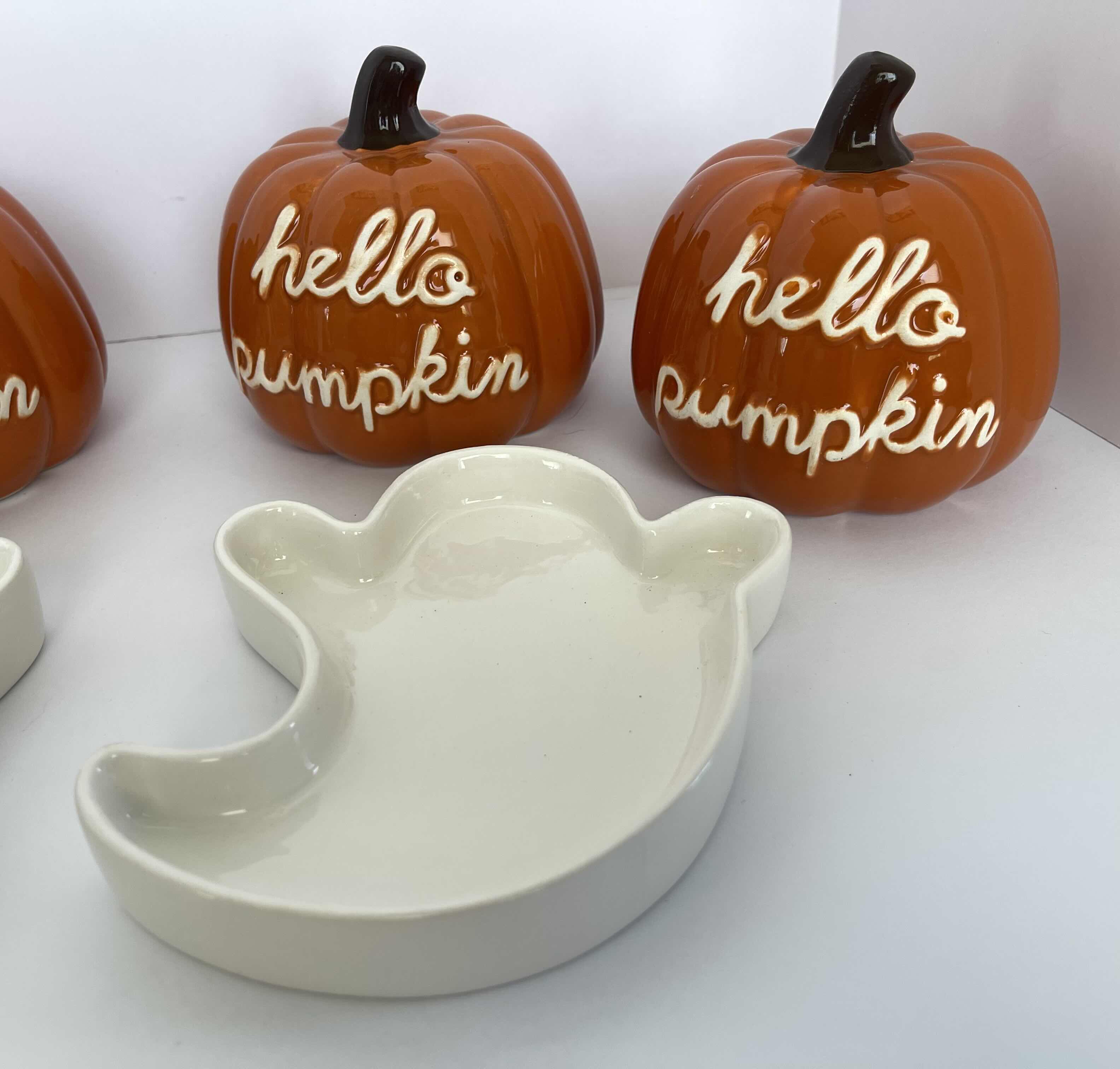 Photo 1 of HOLIDAY HALLOWEEN CERAMIC HELLO PUMPKINS H4.5” (4) & CERAMIC HALLOWEEN GHOST CANDY DISHES (2) MSRP $50