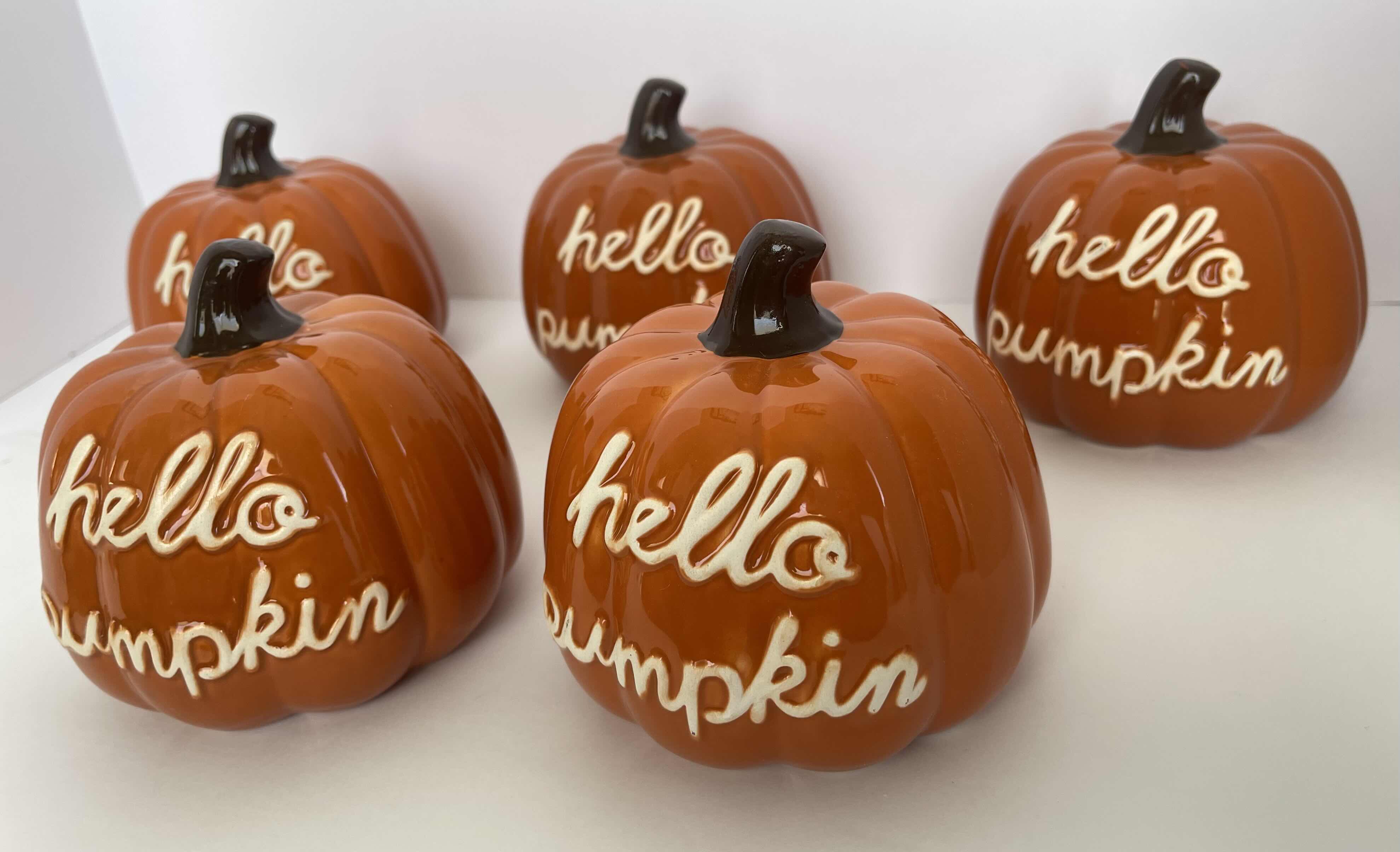 Photo 1 of HOLIDAY HALLOWEEN CERAMIC HELLO PUMPKINS H4.5” (5) MSRP $50
