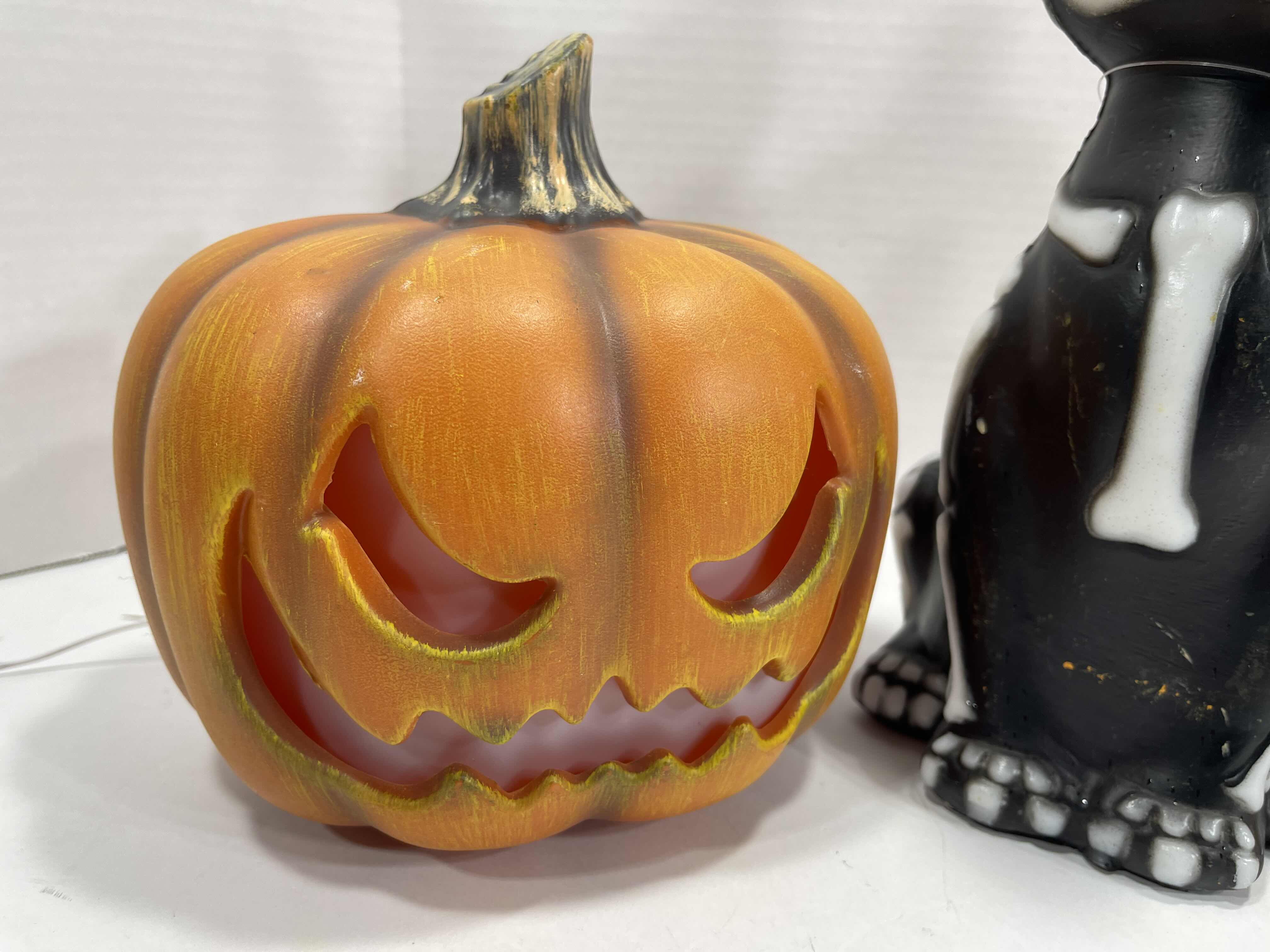 Photo 1 of HALLOWEEN HOME DECOR LIGHT-UP PLASTIC PUMPKINS (2) TALLEST 11” & LIGHT-UP SKELTON PUPPY H11” MSRP $40