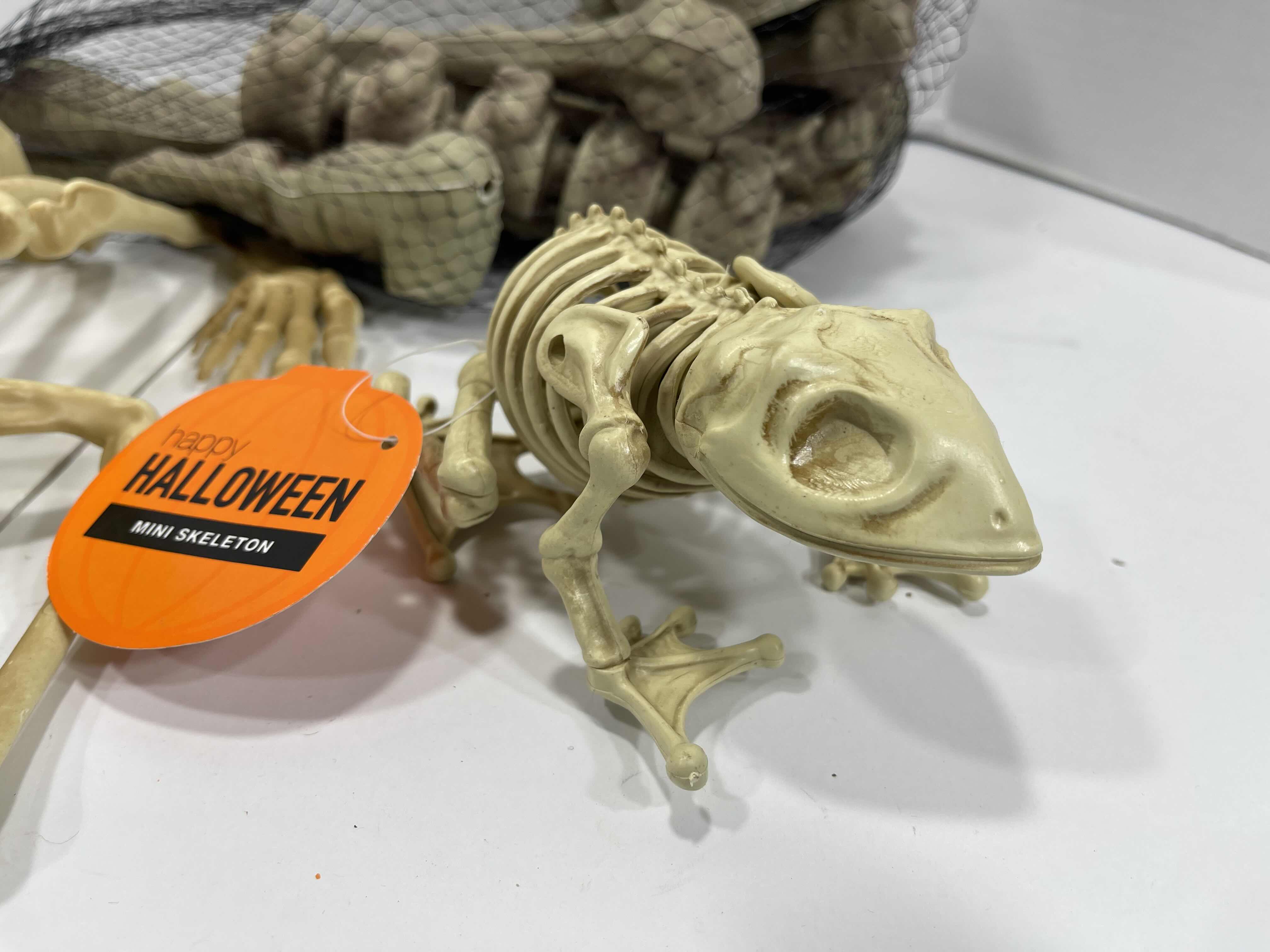 Photo 1 of HALLOWEEN YARD SKELETON DECORATIONS ASSORTED LOT (5 ITEMS) - BAG OF BONES, SKULL HEADS, LIGHT-UP SKELETON FROG & MINI SKELETONS (2) MSRP $50