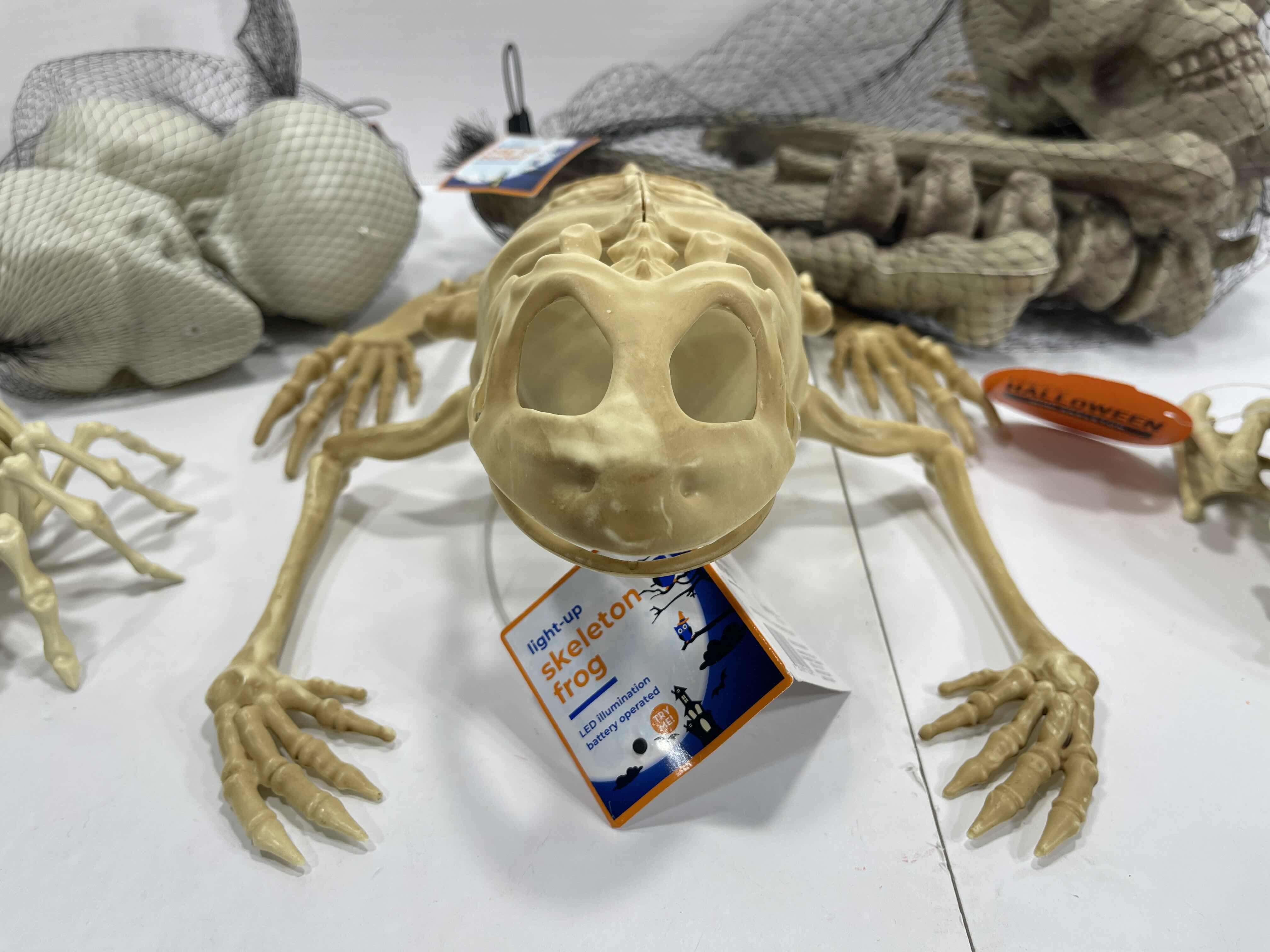 Photo 1 of HALLOWEEN YARD SKELETON DECORATIONS ASSORTED LOT (5 ITEMS) - BAG OF BONES, SKULL HEADS, LIGHT-UP SKELETON FROG & MINI SKELETONS (2) MSRP $50