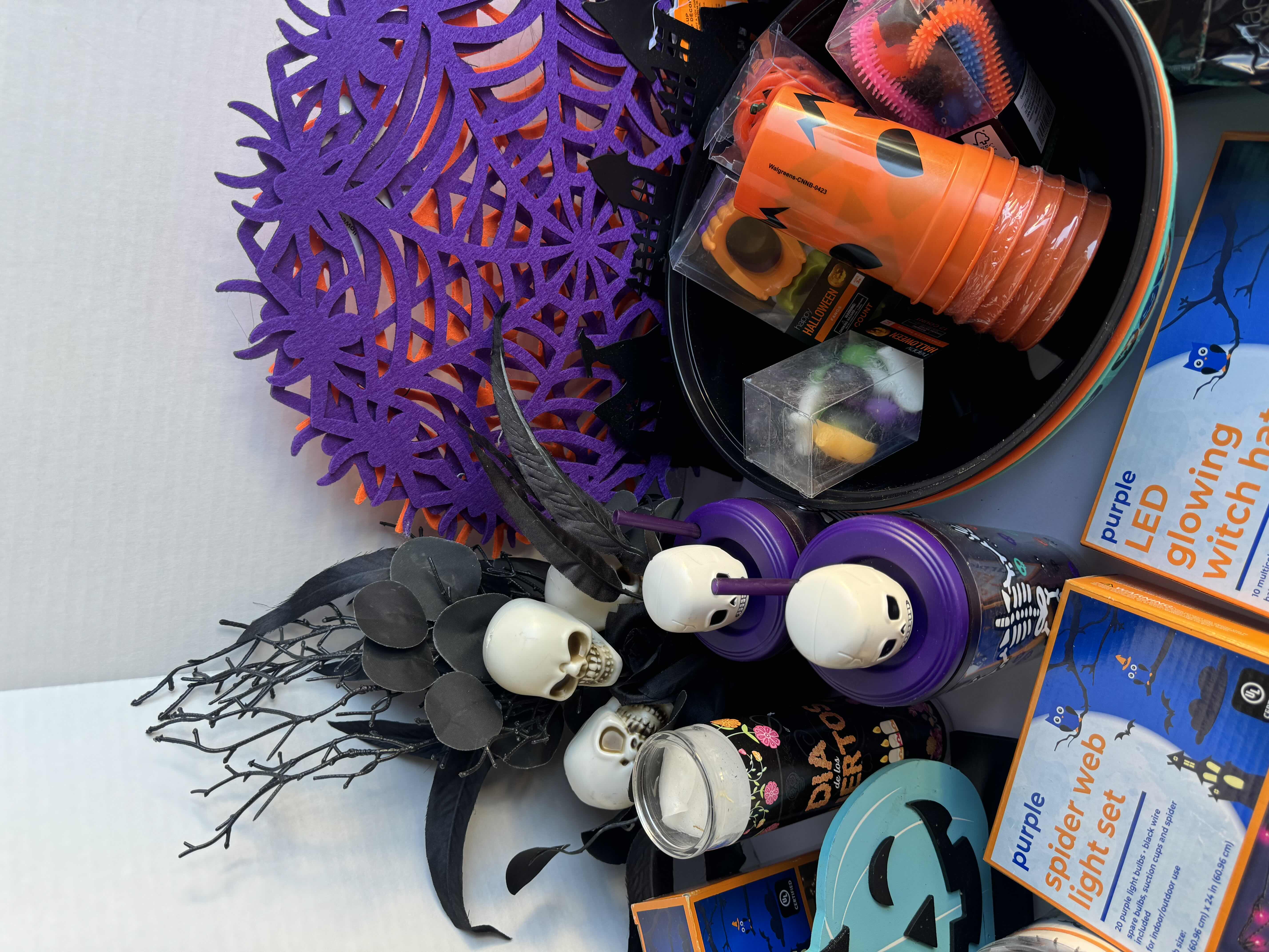 Photo 1 of HALLOWEEN TABLE TOP DECOR LARGE ASSORTMENT - CANDY BOWLS, LIGHT SETS, GLOW STICKS, HALLOWEEN CUPS, WOOD DISPLAYS, RESIN PUMPKINS AND MORE MSRP $70