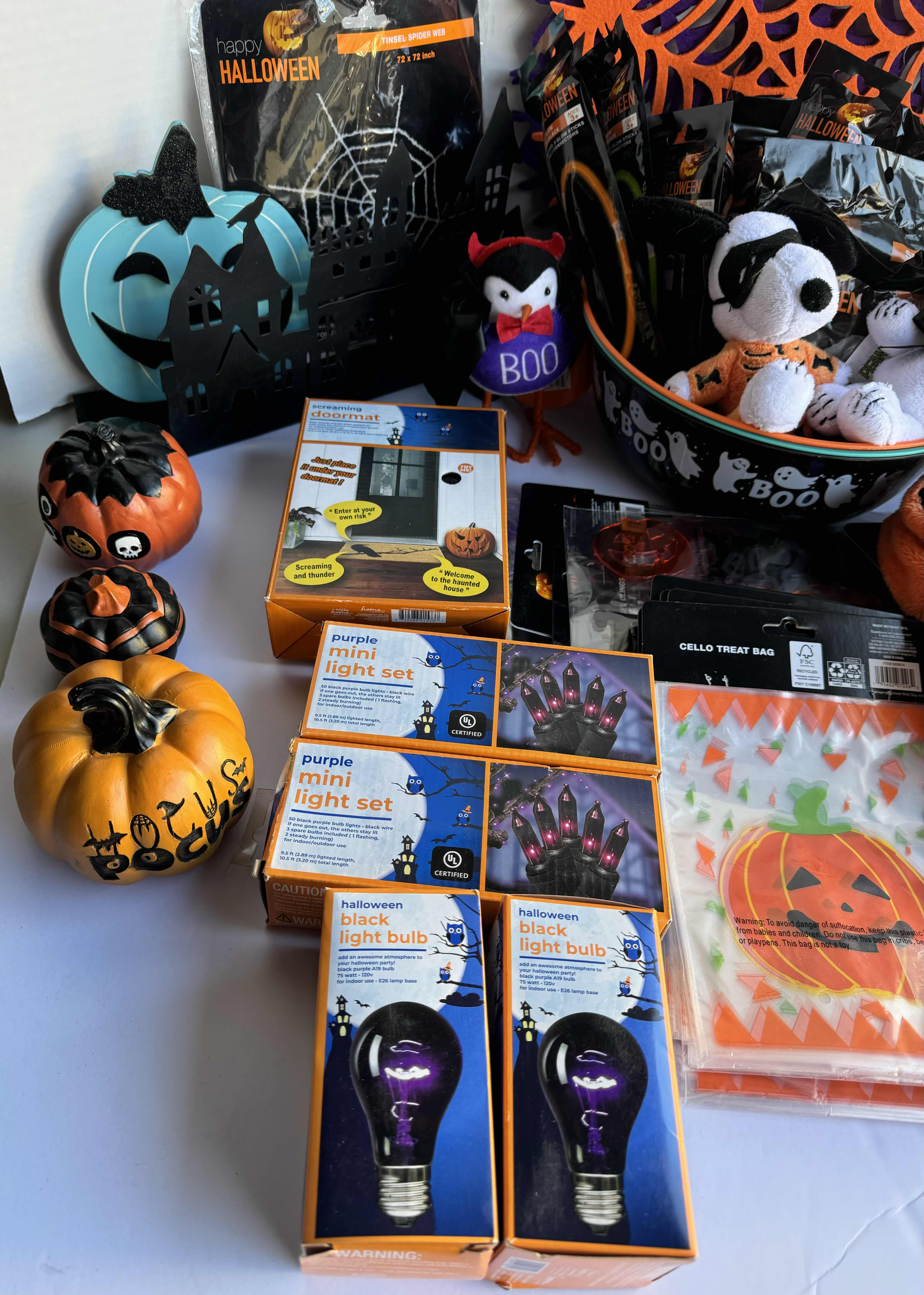 Photo 1 of HALLOWEEN TABLE TOP DECOR LARGE ASSORTMENT - CANDY BOWLS, LIGHT SETS, GLOW STICKS, HALLOWEEN CUPS, WOOD DISPLAYS, RESIN PUMPKINS AND MORE MSRP $70