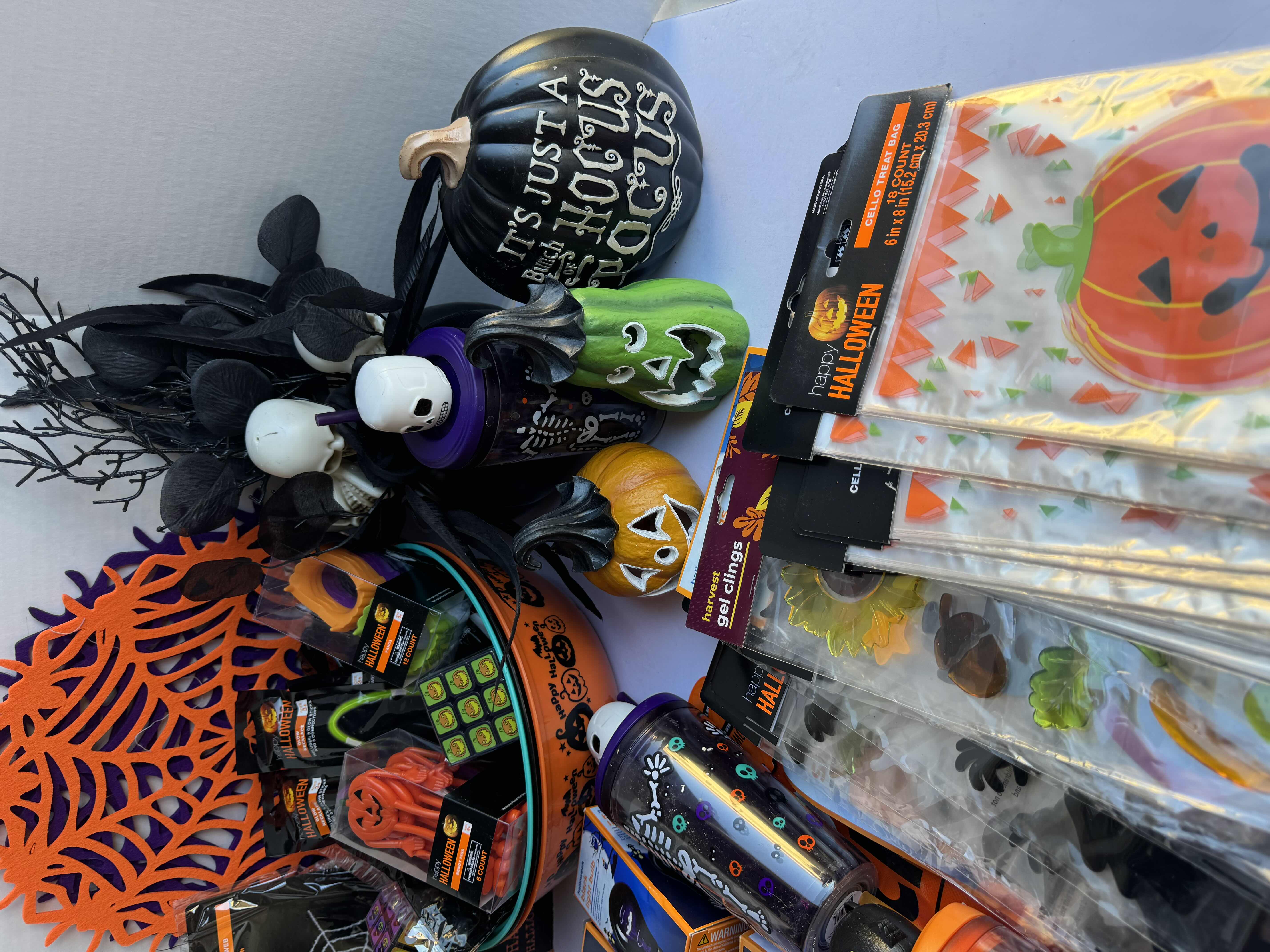 Photo 1 of HALLOWEEN TABLE TOP DECOR LARGE ASSORTMENT - CANDY BOWLS, LIGHT SETS, GLOW STICKS, HALLOWEEN CUPS, WOOD DISPLAYS, RESIN PUMPKINS AND MORE MSRP $70