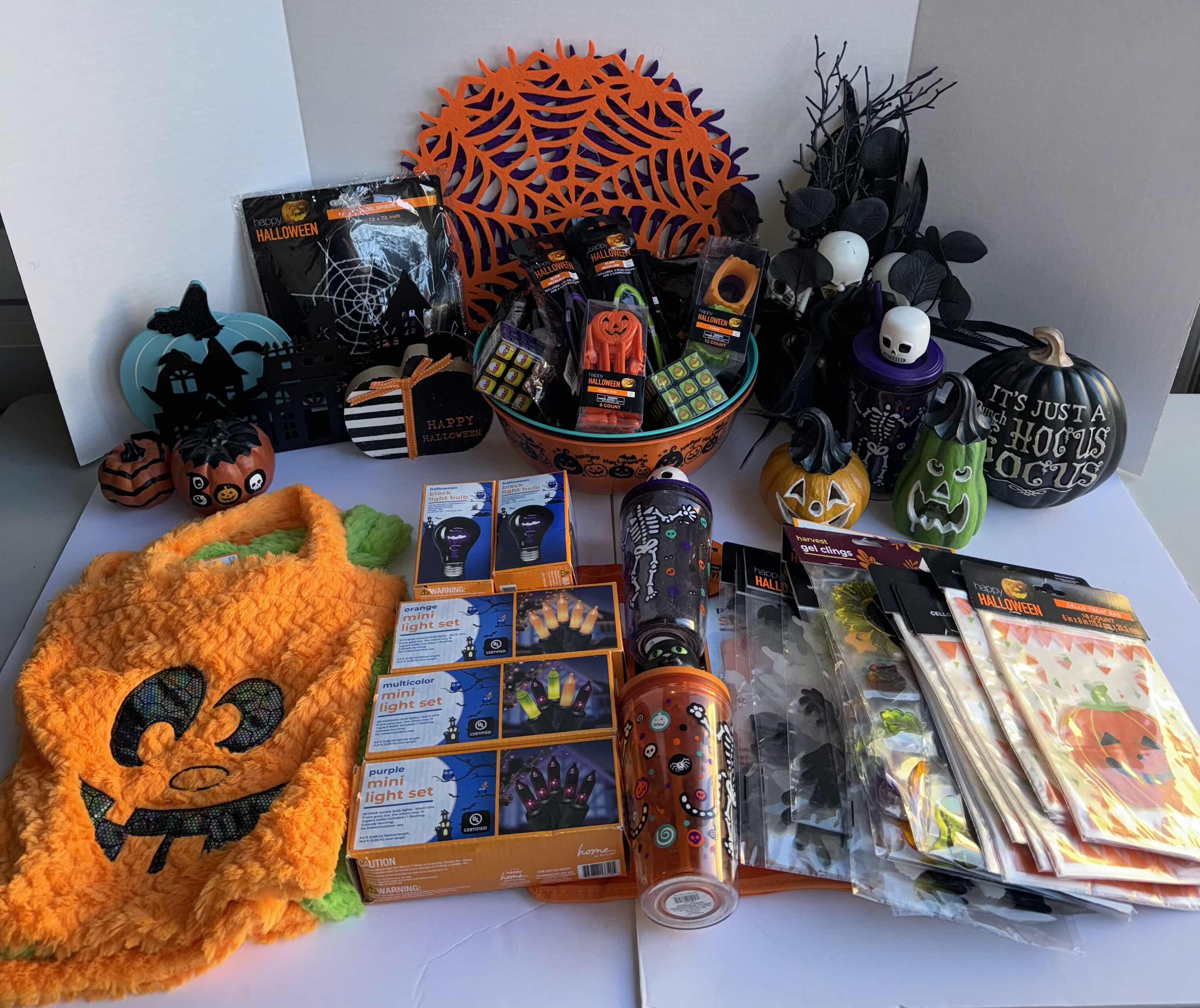 Photo 1 of HALLOWEEN TABLE TOP DECOR LARGE ASSORTMENT - CANDY BOWLS, LIGHT SETS, GLOW STICKS, HALLOWEEN CUPS, WOOD DISPLAYS, RESIN PUMPKINS AND MORE MSRP $70