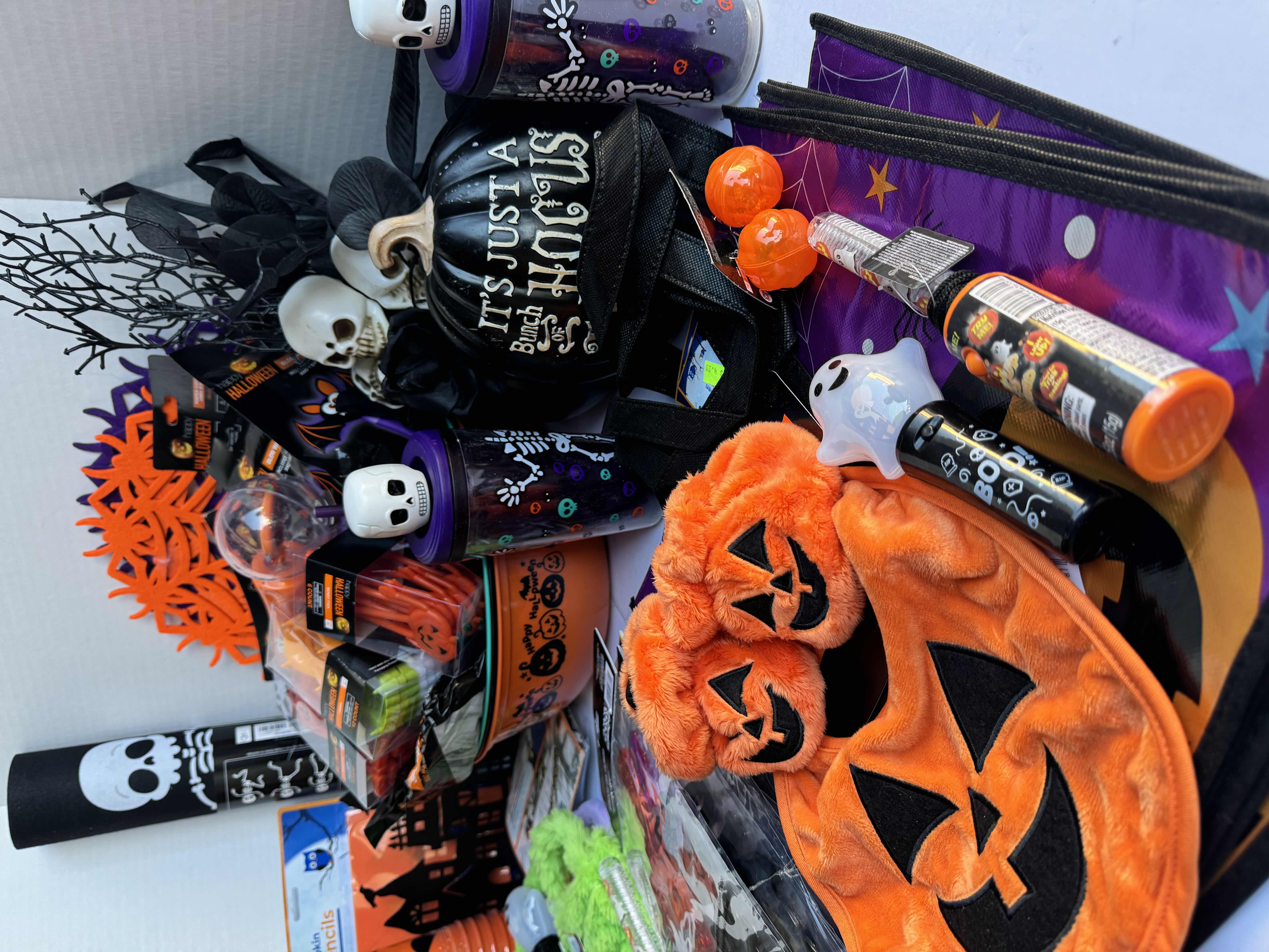 Photo 1 of HALLOWEEN TABLE TOP DECOR LARGE ASSORTMENT - CANDY BOWLS, LIGHT SETS, GLOW STICKS, HALLOWEEN CUPS, MATTS, RESIN PUMPKINS AND MORE MSRP $70