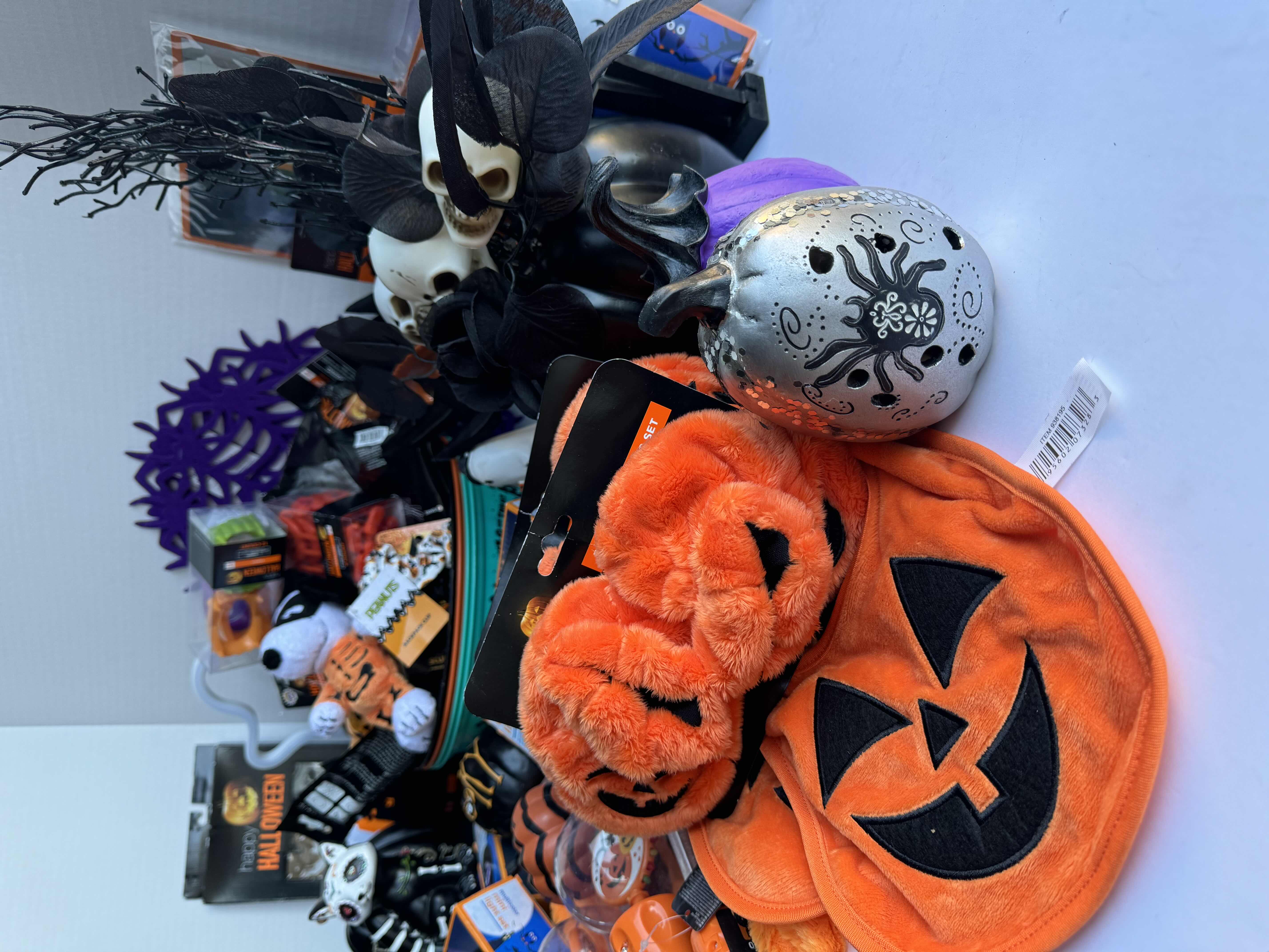 Photo 1 of HALLOWEEN TABLE TOP DECOR LARGE ASSORTMENT - CANDY BOWLS, LIGHT SETS, GLOW STICKS, HALLOWEEN CUPS, WOOD DISPLAYS, RESIN PUMPKINS, TOYS AND MORE MSRP $70