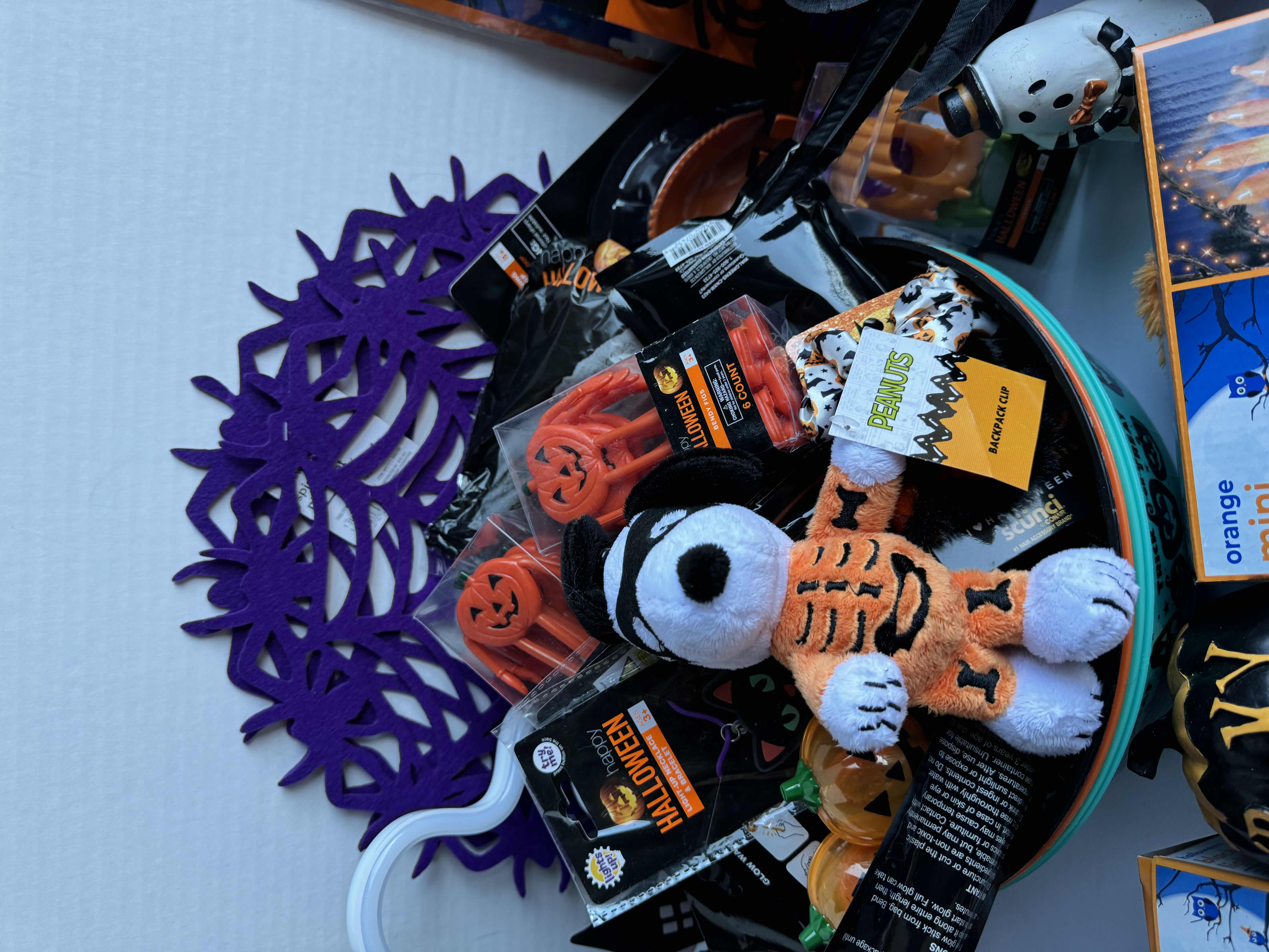 Photo 1 of HALLOWEEN TABLE TOP DECOR LARGE ASSORTMENT - CANDY BOWLS, LIGHT SETS, GLOW STICKS, HALLOWEEN CUPS, WOOD DISPLAYS, RESIN PUMPKINS, TOYS AND MORE MSRP $70