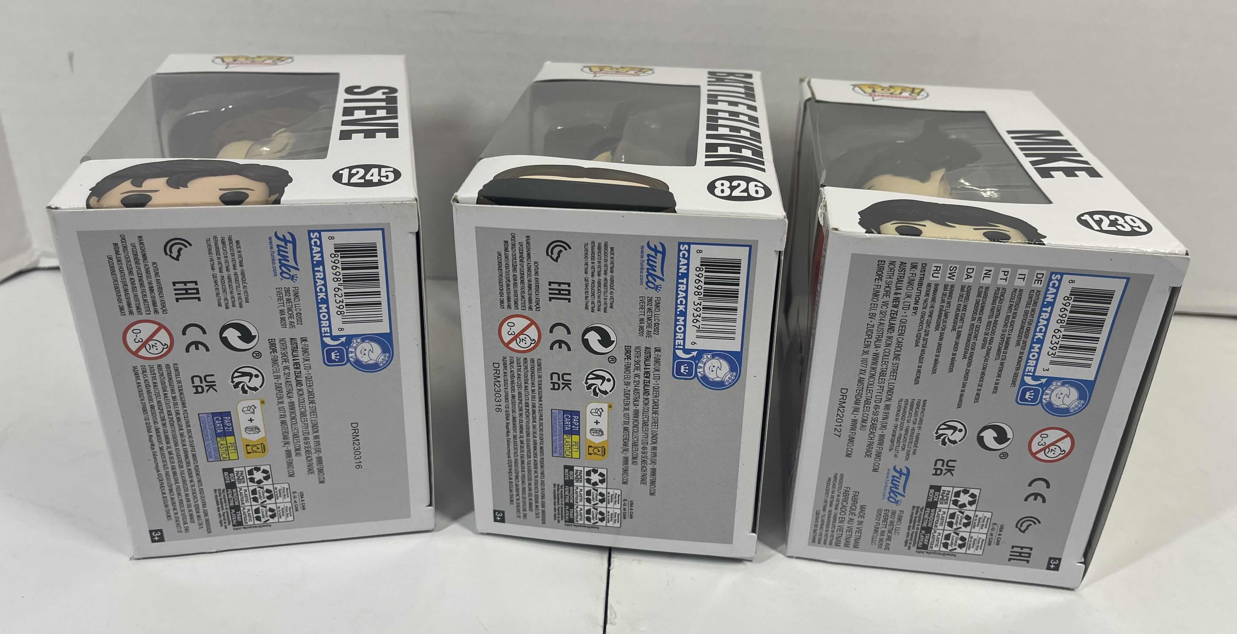 Photo 1 of FUNKO POPS NETFLIX STRANGER THINGS (3) - STEVE #1245, BATTLE ELEVEN #826 & MIKE #1239 MSRP $50