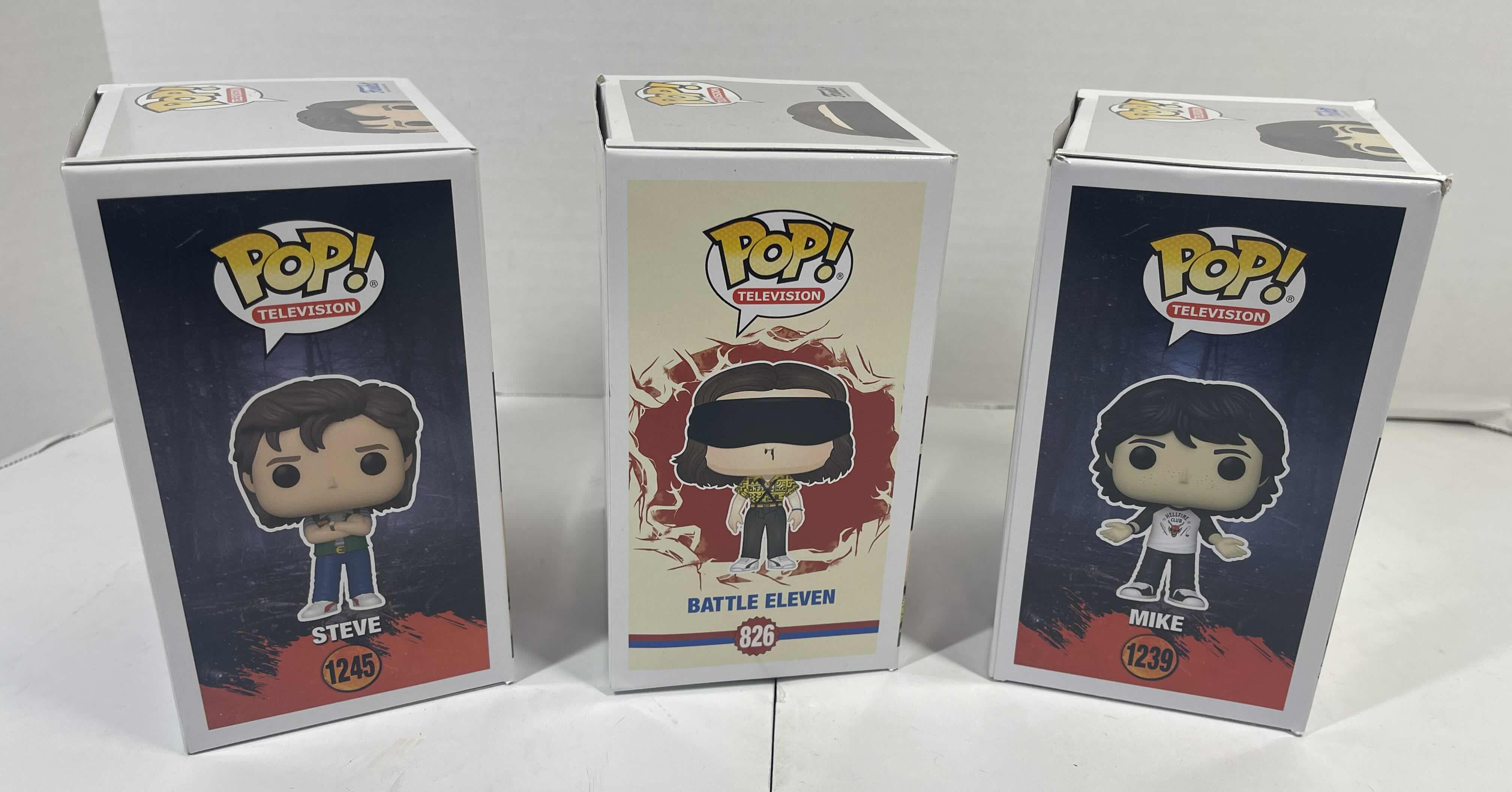 Photo 1 of FUNKO POPS NETFLIX STRANGER THINGS (3) - STEVE #1245, BATTLE ELEVEN #826 & MIKE #1239 MSRP $50