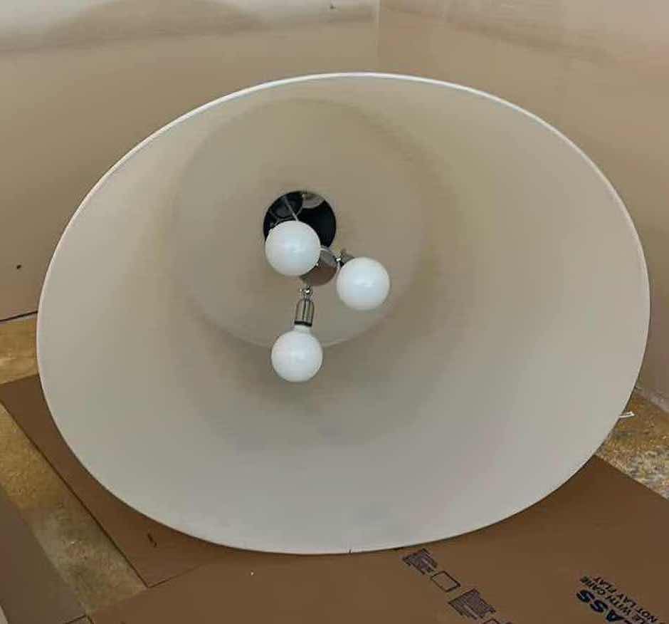 Photo 1 of CHARLES WILLIAMS AMAX FONTANA ARTE 2003 LARGE POLYETHYLENE WHITE FINISH SHADE CHROME FINISH CEILING MOUNT HANGING 3 LIGHT PENDENT LIGHT FIXTURE