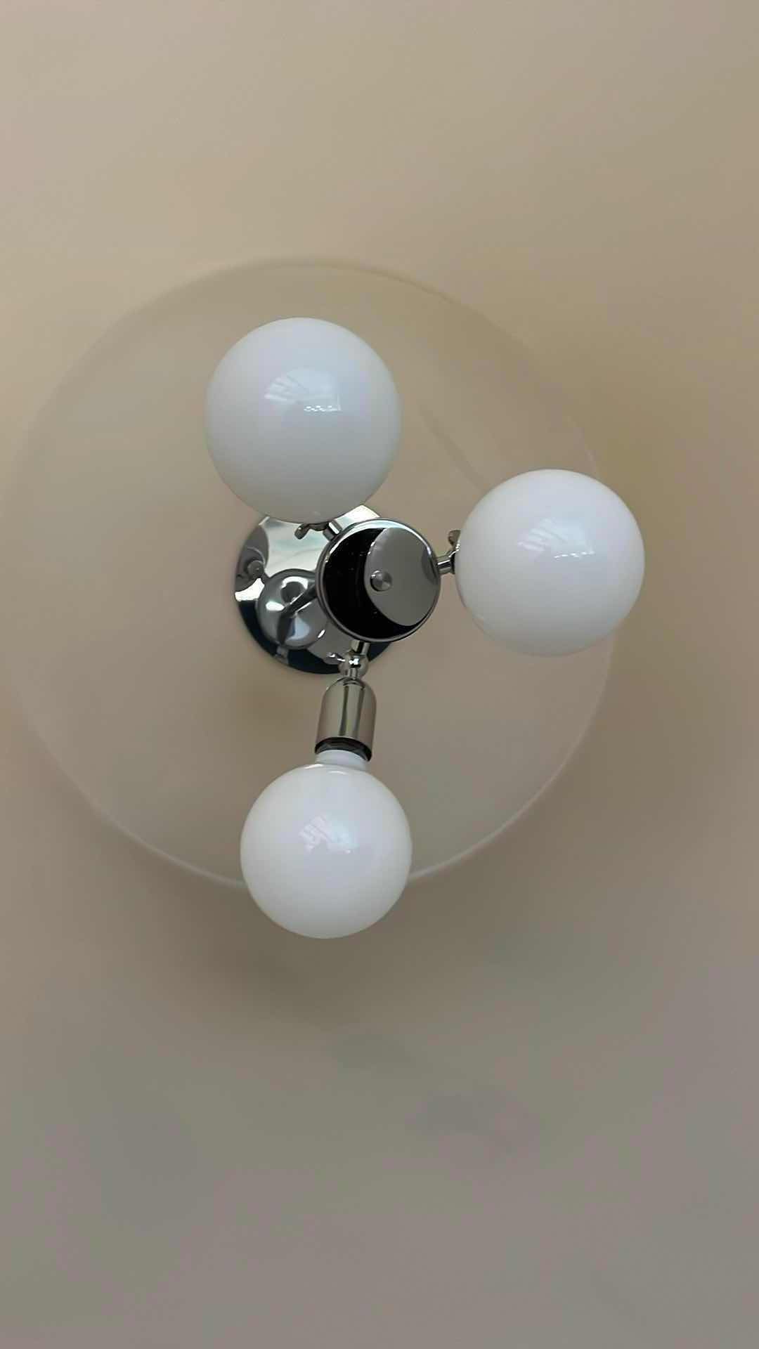 Photo 1 of CHARLES WILLIAMS AMAX FONTANA ARTE 2003 LARGE POLYETHYLENE WHITE FINISH SHADE CHROME FINISH CEILING MOUNT HANGING 3 LIGHT PENDENT LIGHT FIXTURE