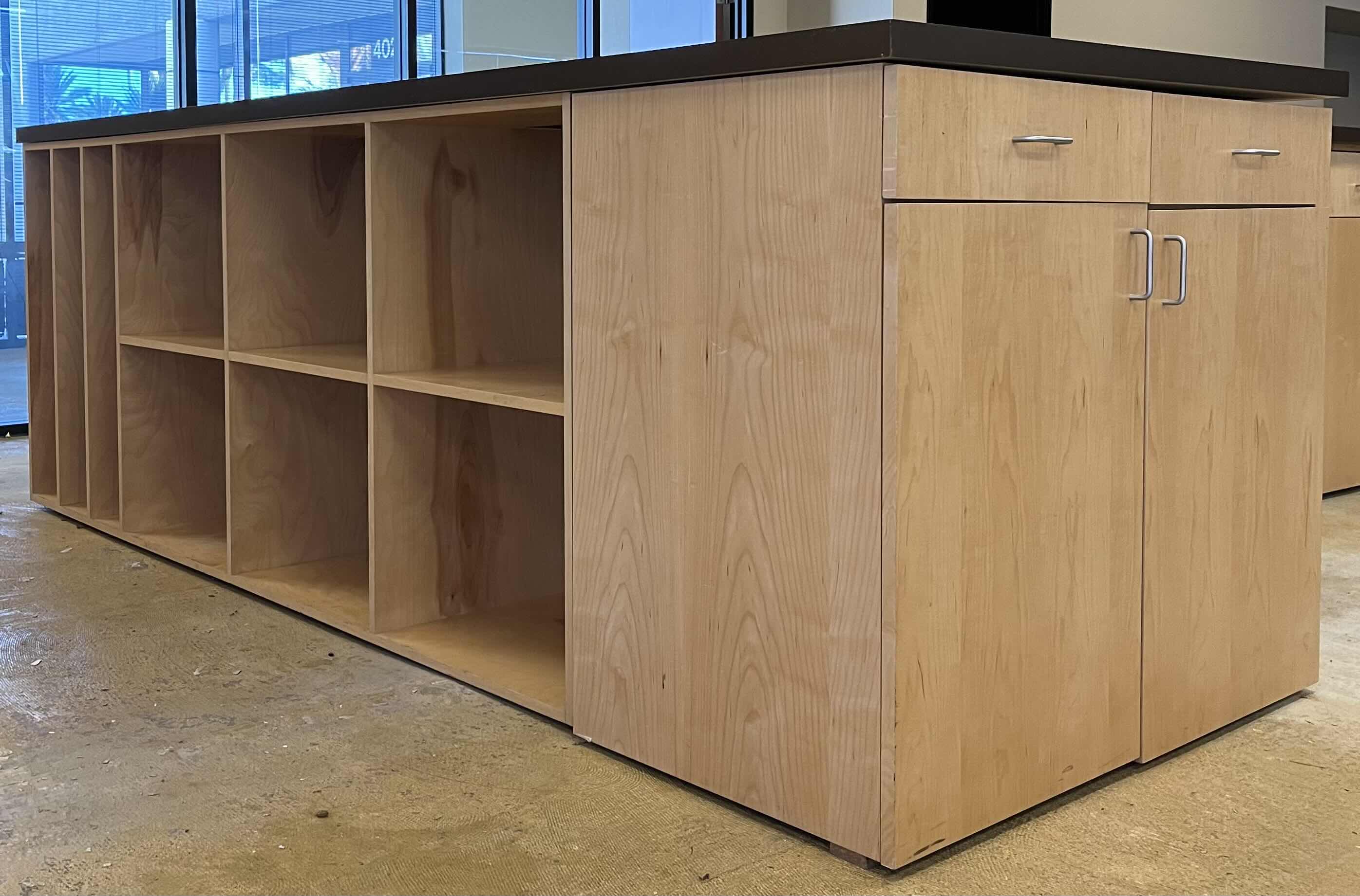 Photo 1 of WOODGRAIN & BLACK LAMINATE FINISH 9 CUBBY 2 DRAWER CABINET WORKSTATION 115” X 44” H39.5”