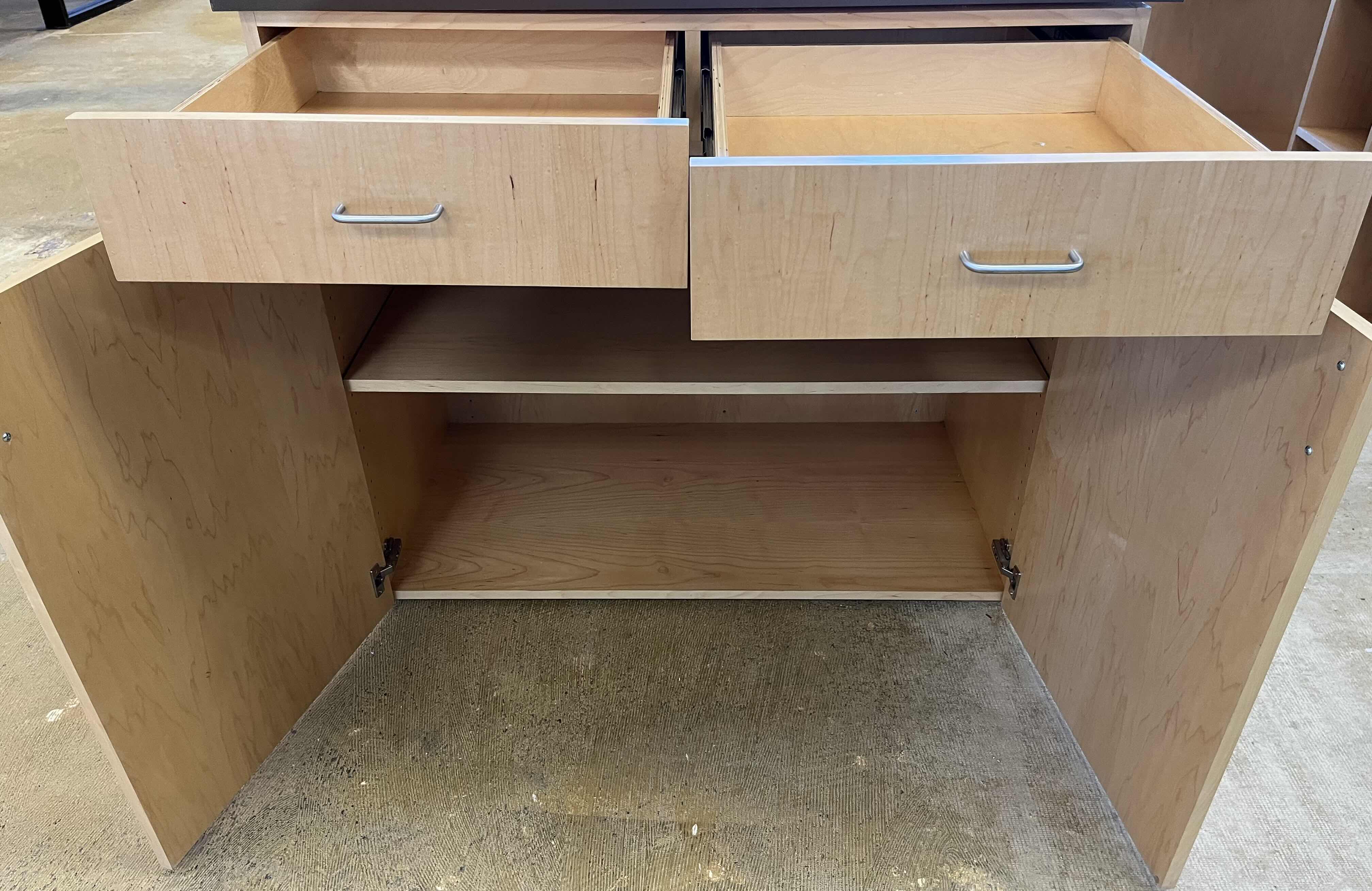 Photo 1 of WOODGRAIN & BLACK LAMINATE FINISH 9 CUBBY 2 DRAWER CABINET WORKSTATION 115” X 44” H39.5”