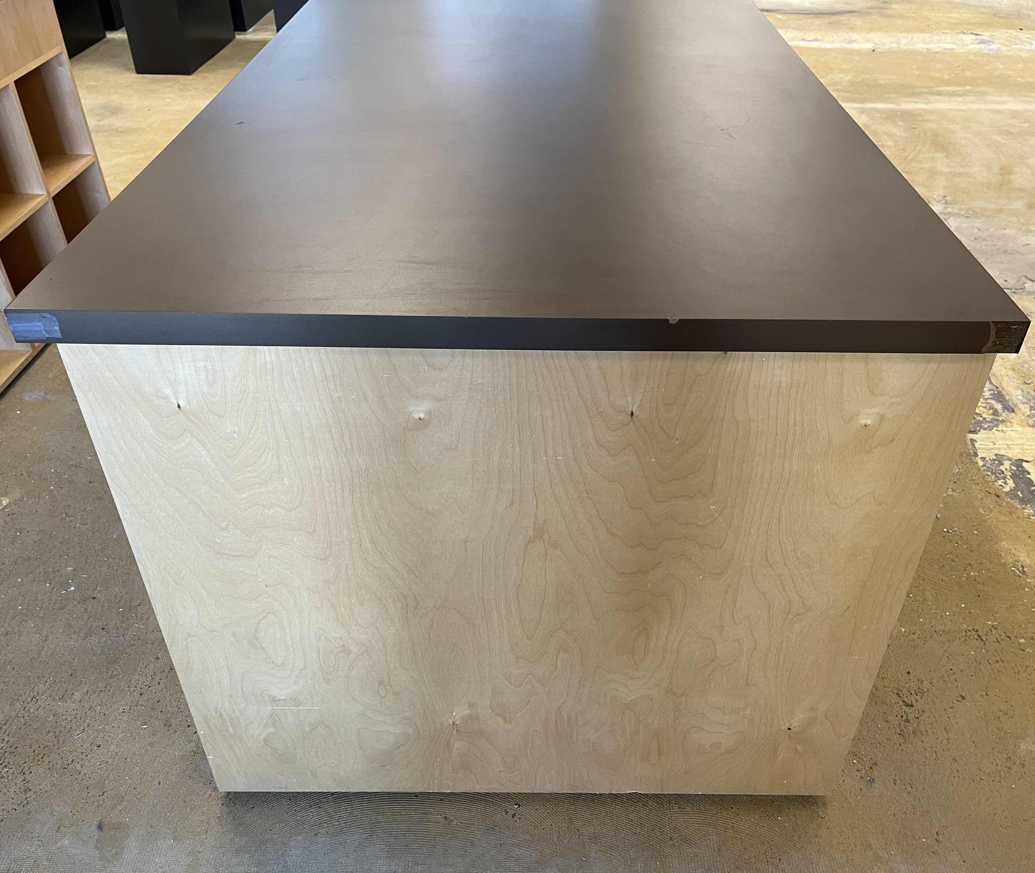 Photo 1 of WOODGRAIN & BLACK LAMINATE FINISH 9 CUBBY 2 DRAWER CABINET WORKSTATION 115” X 44” H39.5”