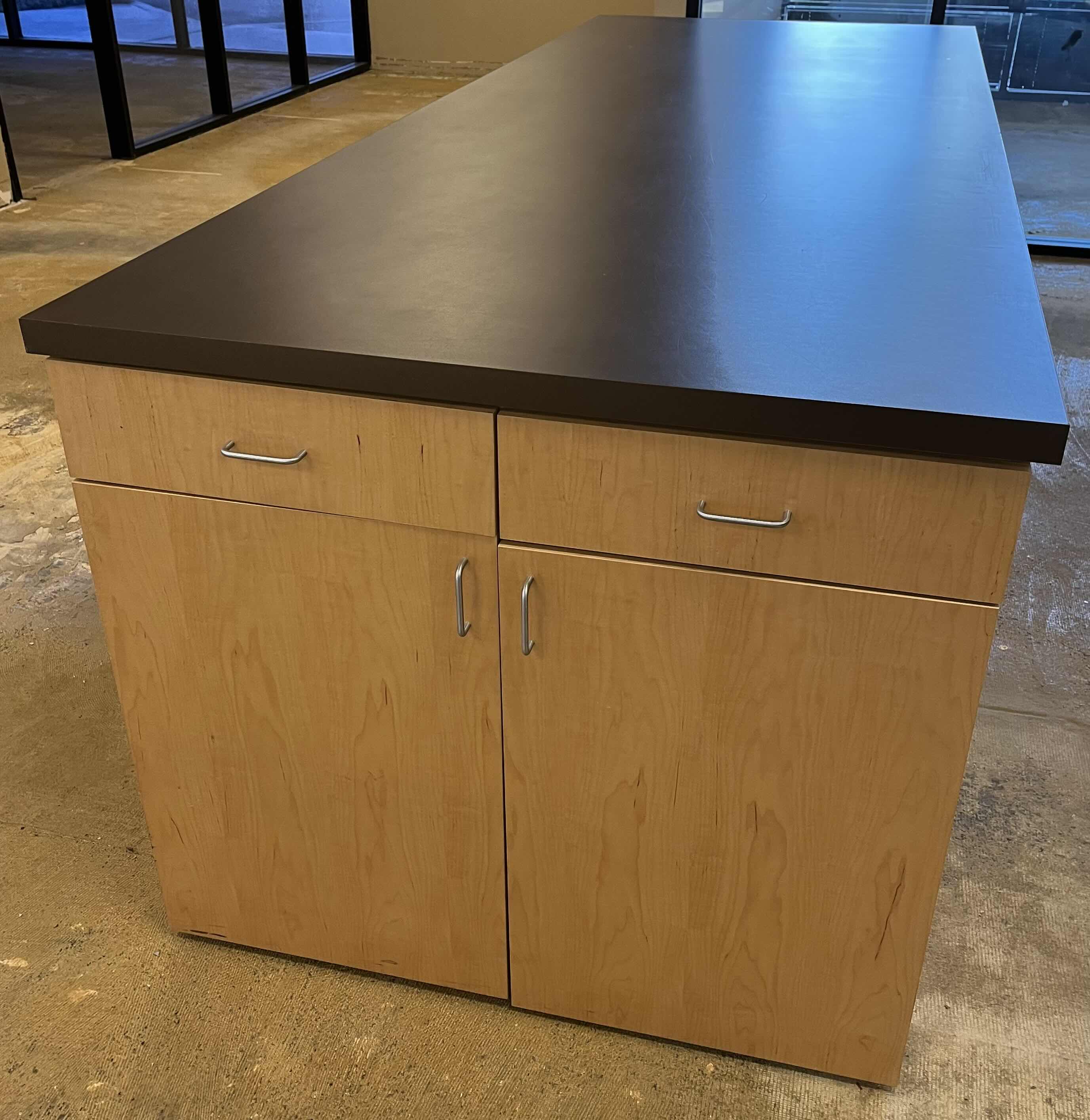 Photo 1 of WOODGRAIN & BLACK LAMINATE FINISH 9 CUBBY 2 DRAWER CABINET WORKSTATION 115” X 44” H39.5”