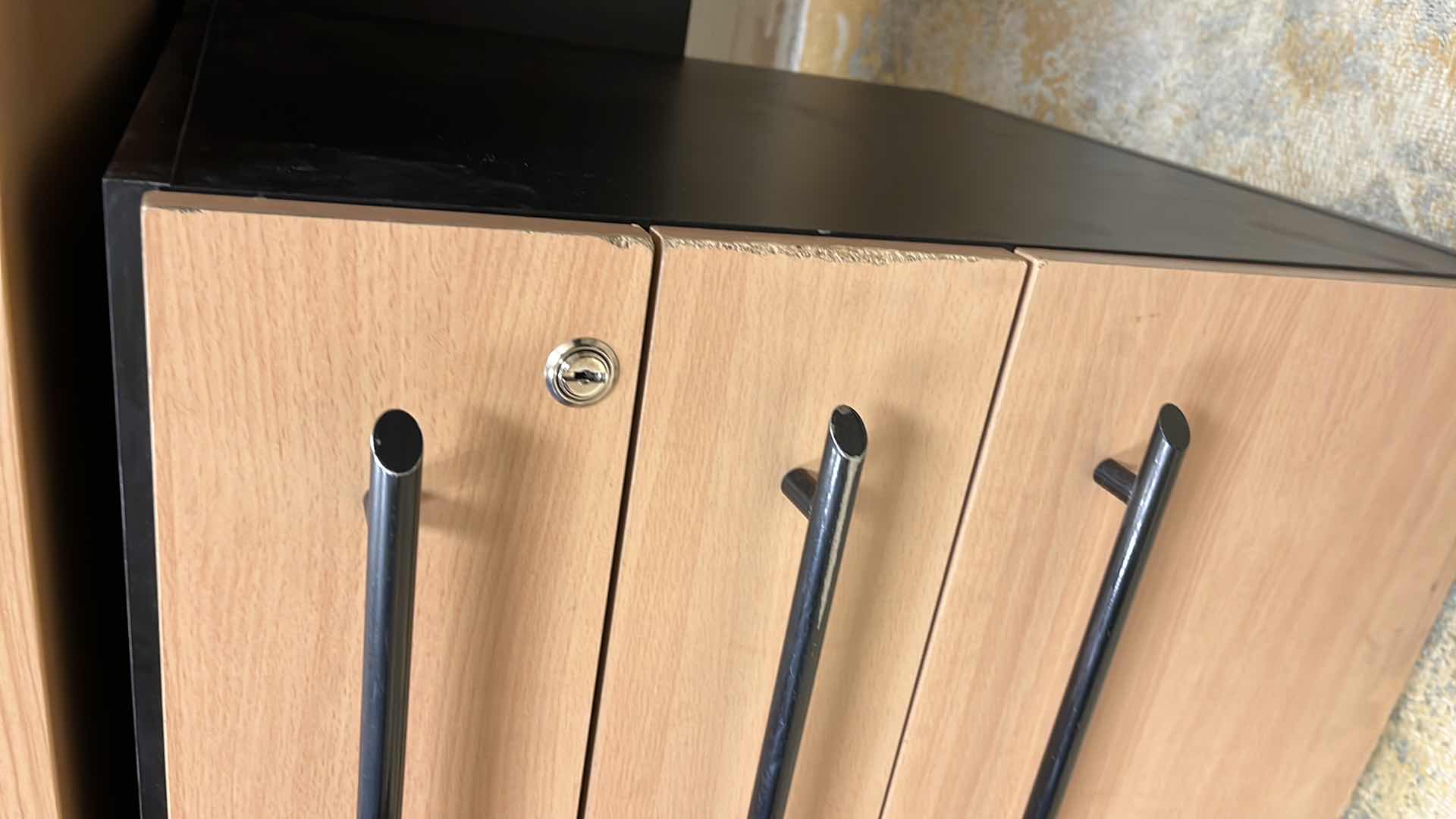 Photo 1 of WOODGRAIN & BLACK FINISH LAMINATE L SHAPE COMPUTER DESK W ROLLING 3 DRAWER CABINET 65” X 65.75” H29”