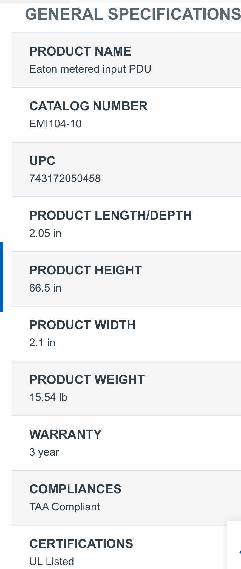 Photo 1 of EATON METERED INPUT RACK PDU L6-30 INPUT 5.76KW MAX 36 C13 & 6 C19 OUTLET GRIP 200V-240V 24A 10” CORD POWER STRIP MODEL EMI104-10