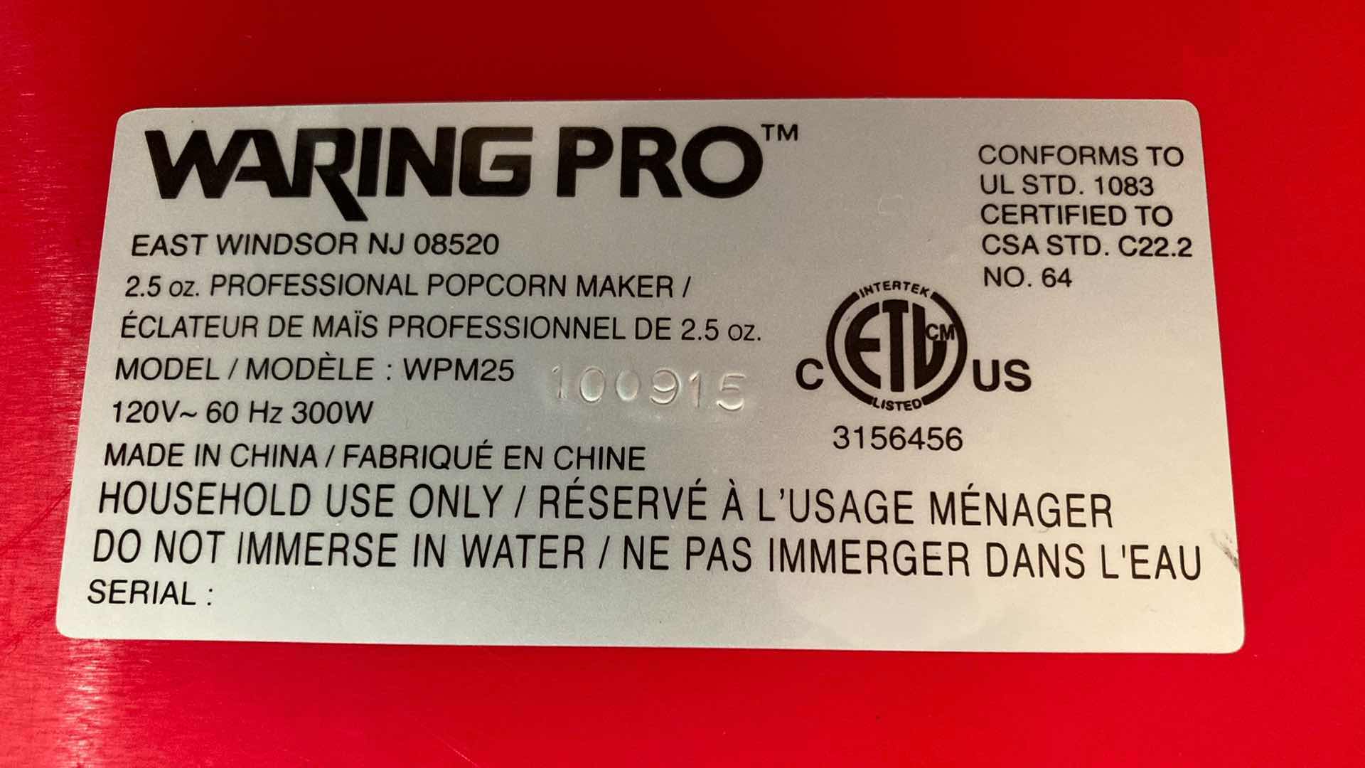 Photo 1 of WARING PRO POP CORN MAKER MACHINE MODEL WPM25