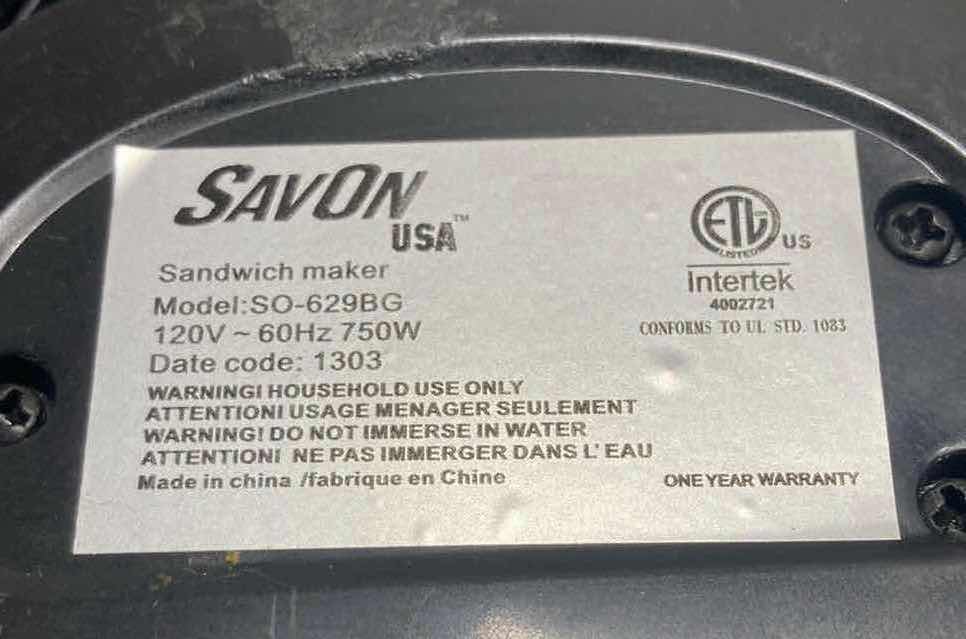 Photo 1 of SAVON USA SANDWICH MAKER MODEL SO-629BG