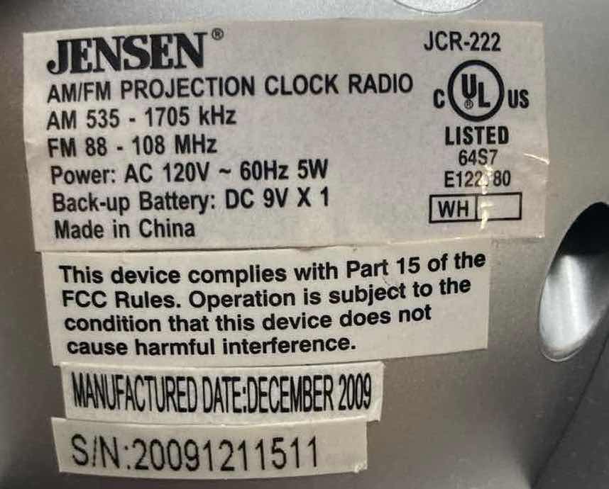 Photo 1 of WHITE WESTINGHOUSE ALARM CLOCK MODEL WCR-25313 & JENSEN 120 PROJECTION CLOCK RADIO MODEL JCR-222