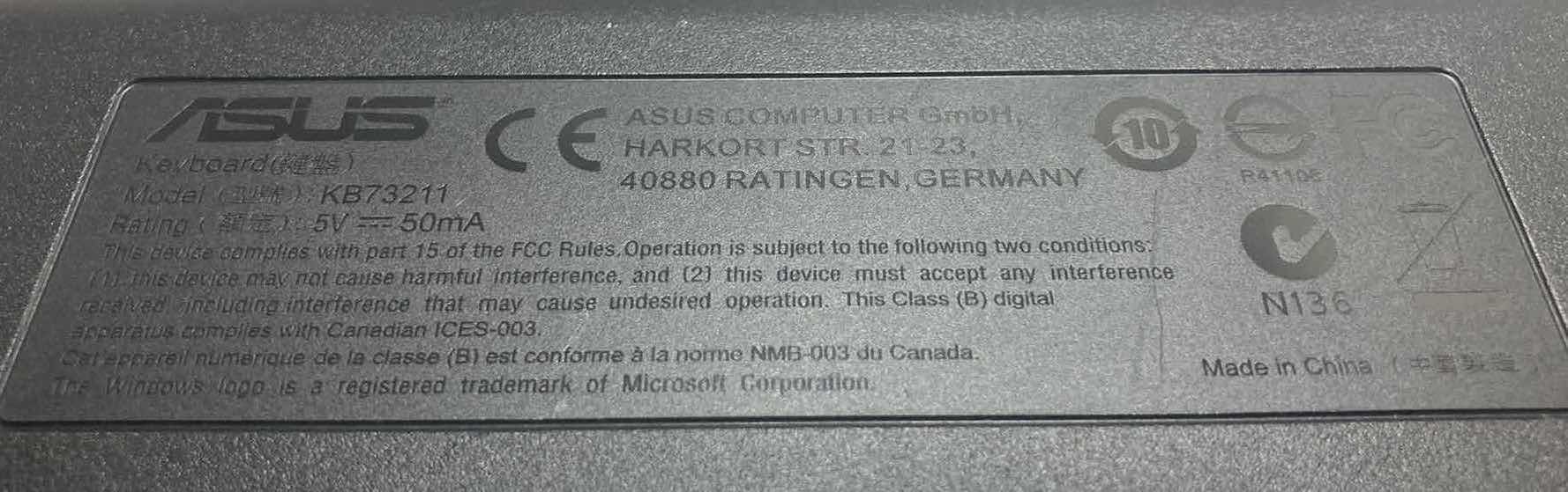 Photo 1 of ASUS COMPUTER KEYBOARD MODEL KB73211