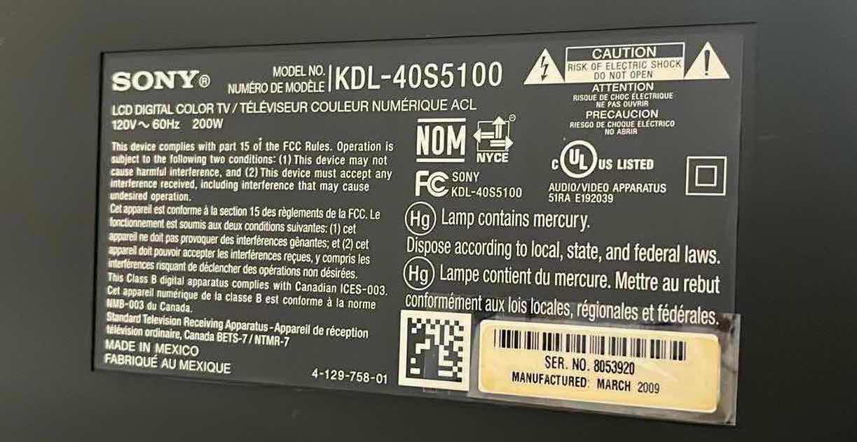 Photo 1 of SONY BRAVIA 40” LCD TV W REMOTE MODEL KDL-40S5100