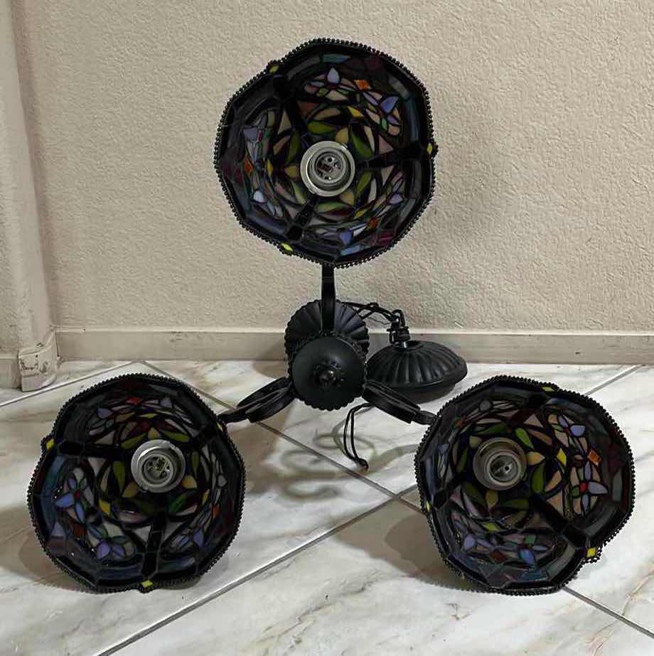 Photo 1 of TIFFANY STYLE AGED BRONZE FINISH STAINED GLASS 3 LIGHT SHADE HANGING PENDANT LIGHT FIXTURE 21.5” X 20.5” H26”