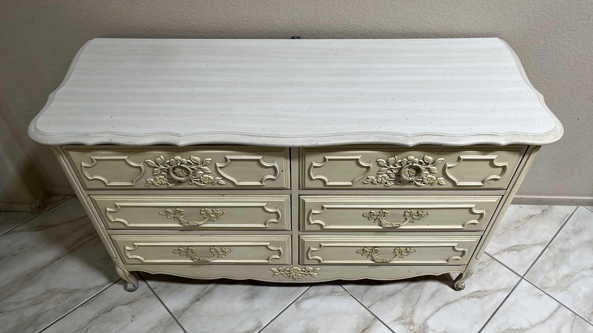 Photo 1 of VINTAGE CREAM & OFF-WHITE FINISH FRENCH COTTAGE STYLE 6 DRAWER DRESSER 50.25” X 18.25” H30”