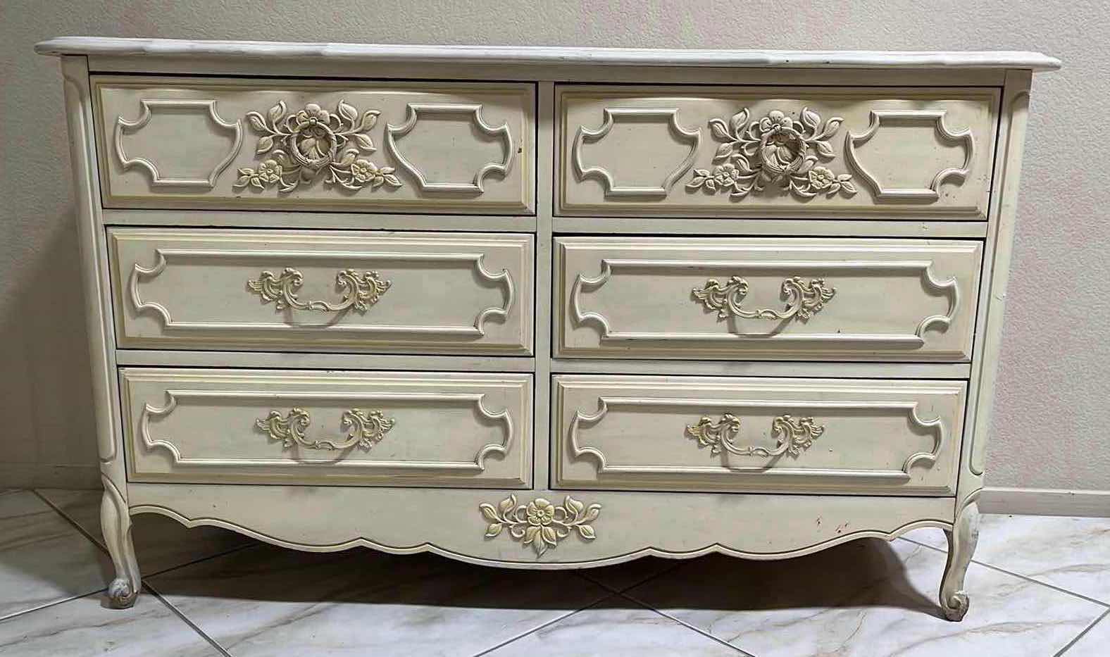 Photo 1 of VINTAGE CREAM & OFF-WHITE FINISH FRENCH COTTAGE STYLE 6 DRAWER DRESSER 50.25” X 18.25” H30”