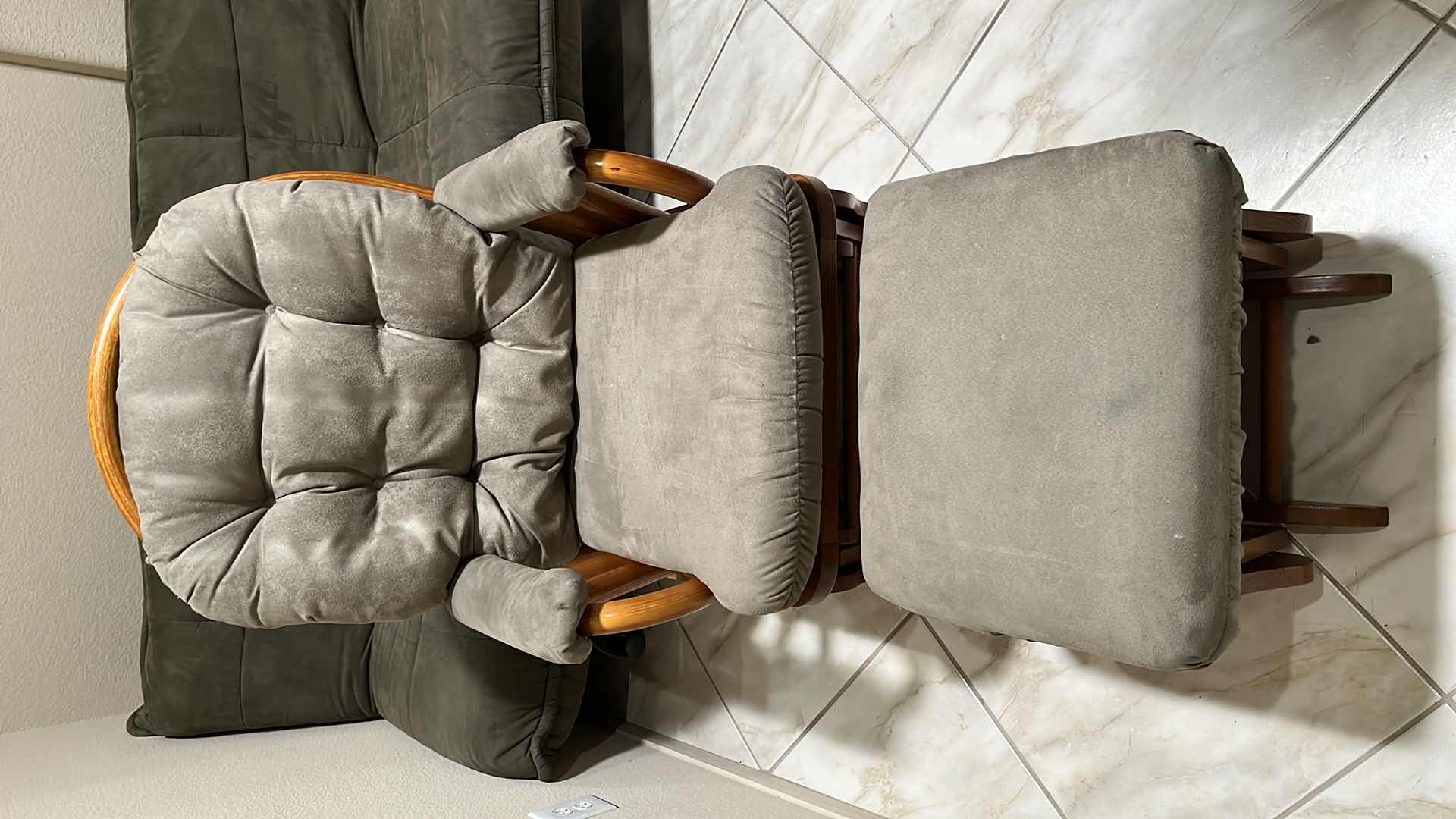 Photo 1 of BEST HOME FURNISHINGS GRAY MICRO DENIER SUEDE WOOD FRAMED GLIDER ROCKING CHAIR 26.5” X 28” H39” W OTTOMAN