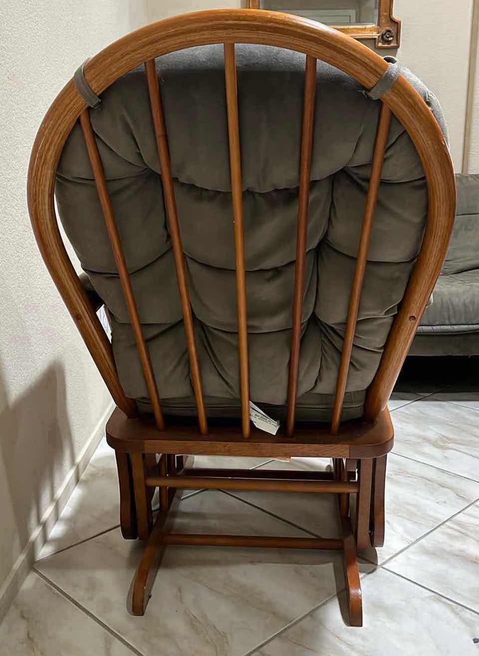 Photo 4 of BEST HOME FURNISHINGS GRAY MICRO DENIER SUEDE WOOD FRAMED GLIDER ROCKING CHAIR 26.5” X 28” H39” W OTTOMAN