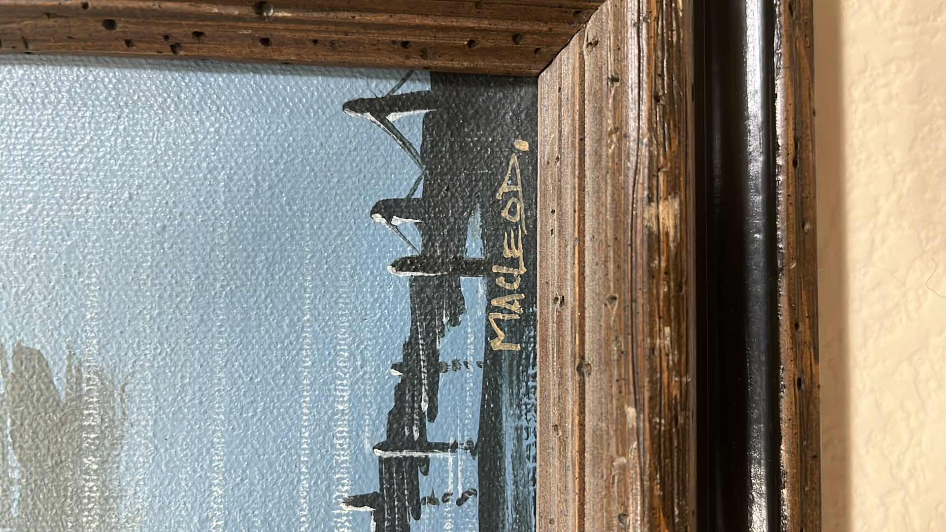 Photo 3 of MAN O WAR SHIP PAINTING SIGNED BY MACLEOD FRAMED CANVAS ARTWORK 15.5” X 19.5”