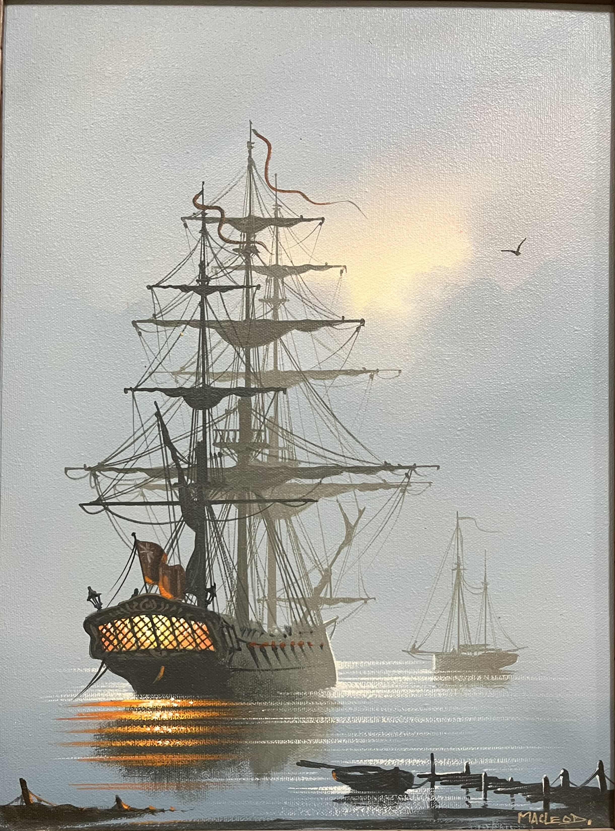 Photo 2 of MAN O WAR SHIP PAINTING SIGNED BY MACLEOD FRAMED CANVAS ARTWORK 15.5” X 19.5”