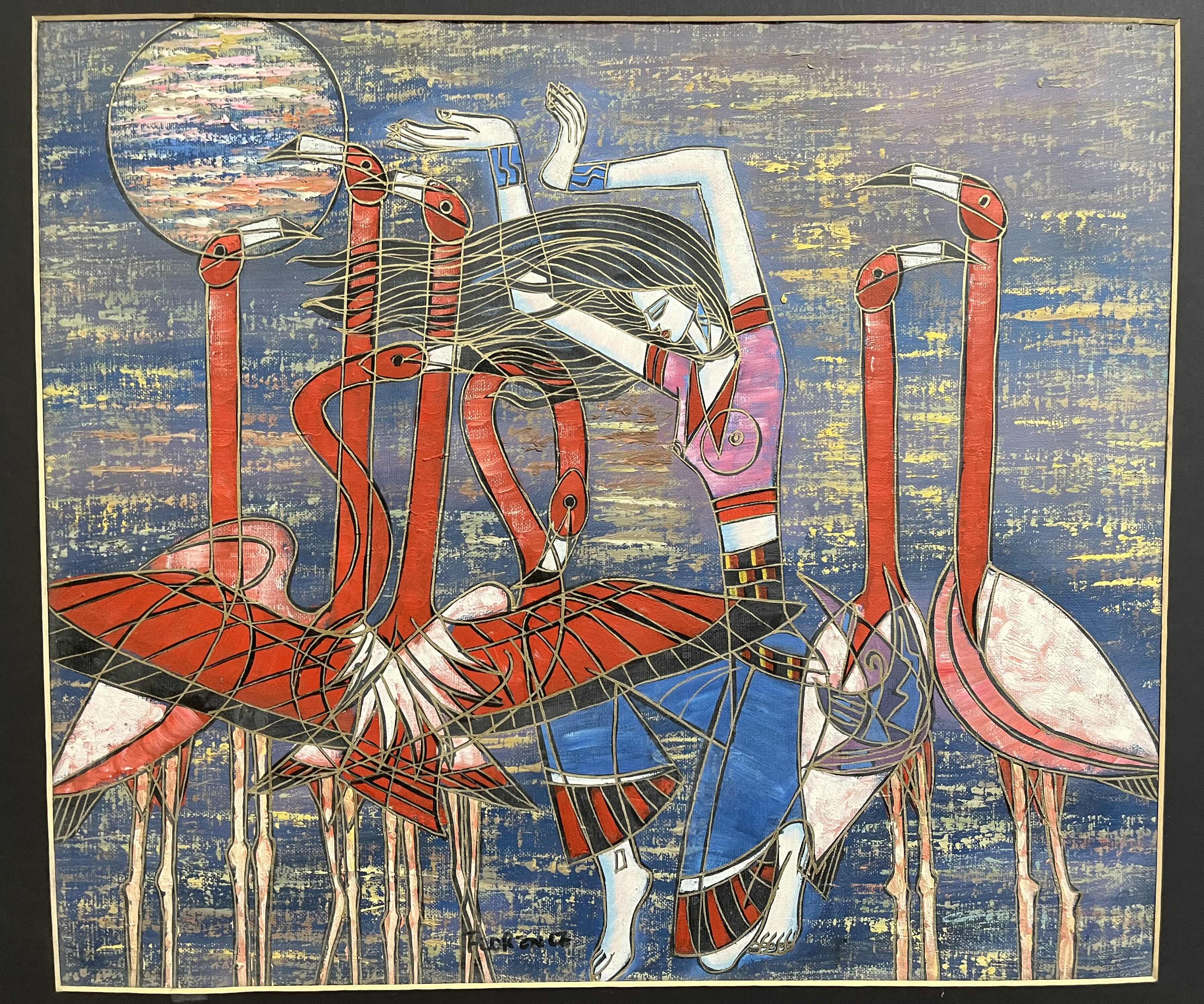 Photo 1 of WOMEN AMONG FLAMINGOS PAINTING BY TING SHAO KUANG SIGNED BY FLORENCE FRAMED CANVAS ARTWORK 27.5” X 23.5”