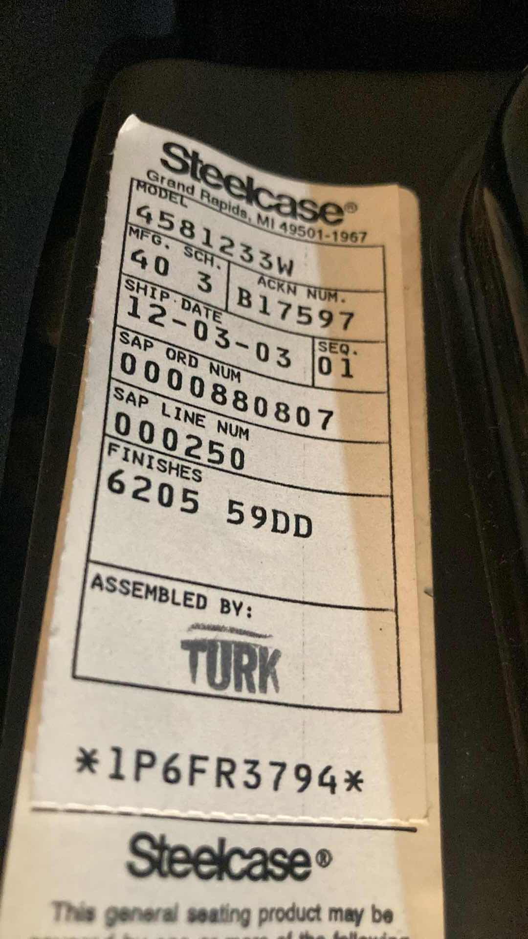 Photo 1 of STEELCASE PURPLE SENSOR TASK SWIVEL CHAIR 24” X 20” H
37.5”