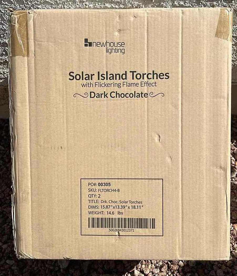 Photo 1 of NEWHOUSE LIGHTING DARK CHOCOLATE FINISH LED FLICKERING FLAME EFFECT SOLAR ISLAND TORCHES TIKI LIGHTS 2PACK MODEL FLTORCH4-B