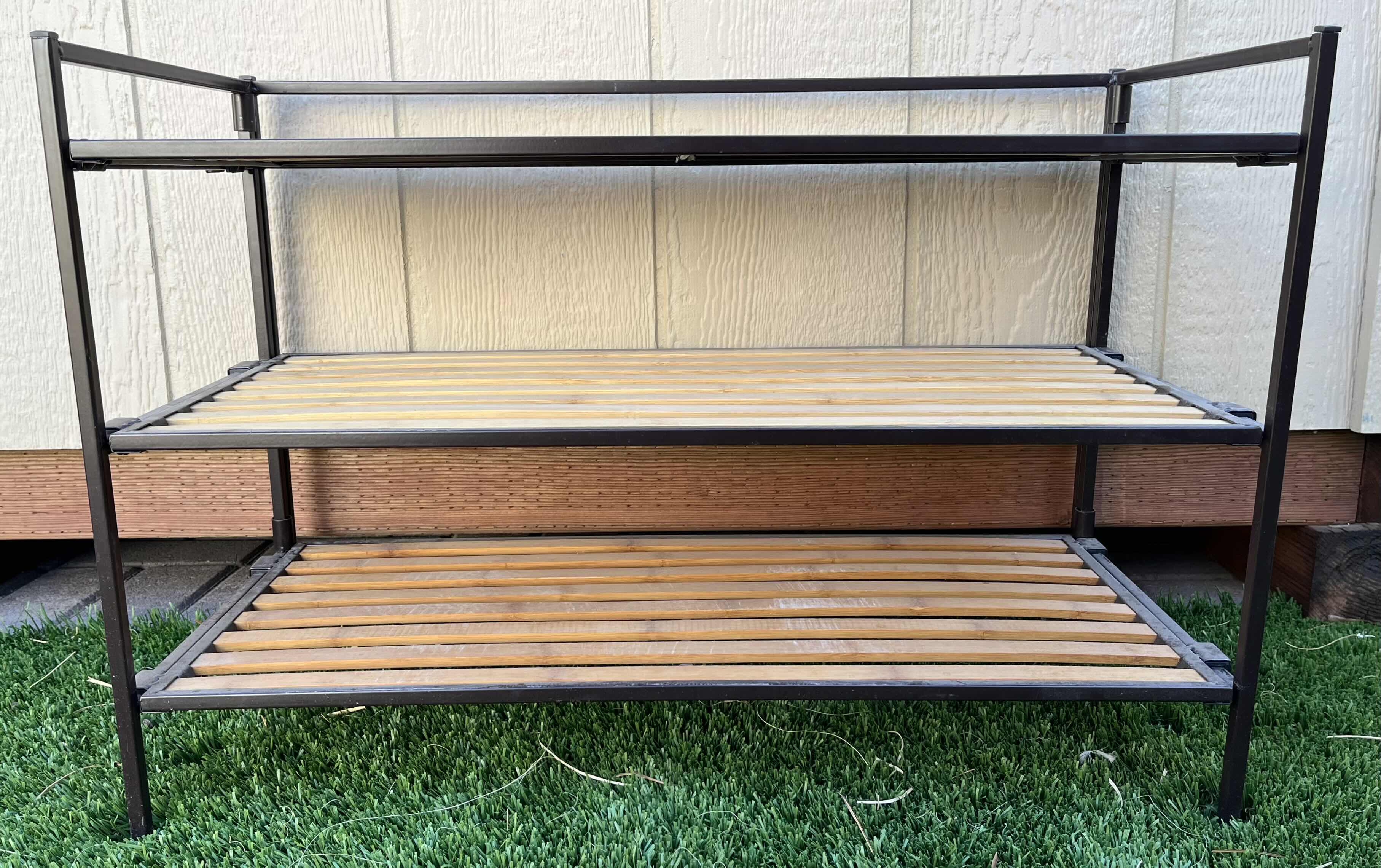 Photo 1 of WOOD SLAT BLACK METAL FRAME 3 TIER SHELF 26.5” X 12” H18.5”