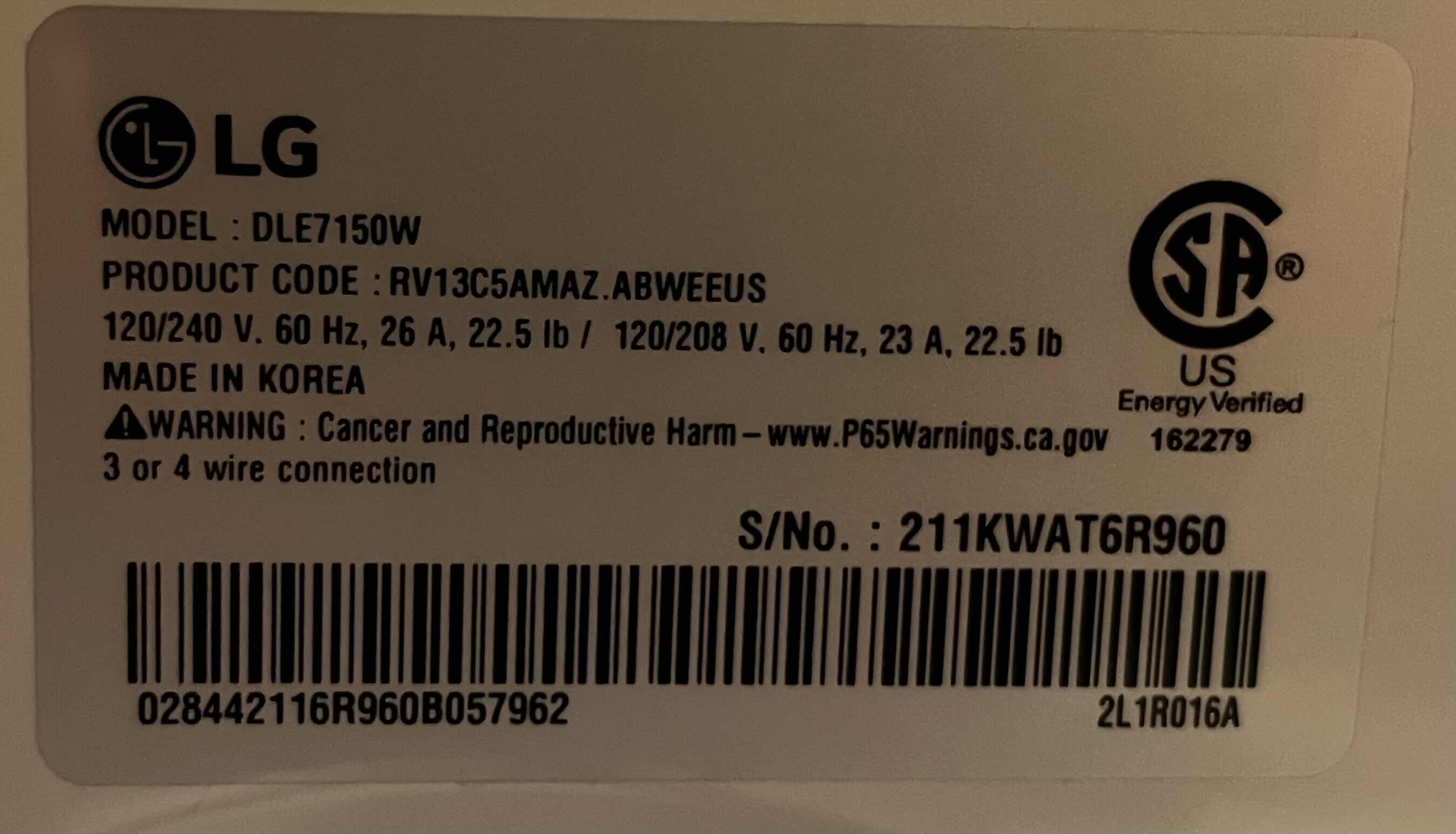 Photo 1 of LG SENSOR DRY TECH ULTRA LARGE CAPACITY 7.3CUFT 240VOLT ELECTRIC DRYER MODEL DLE7150W (READ NOTES)