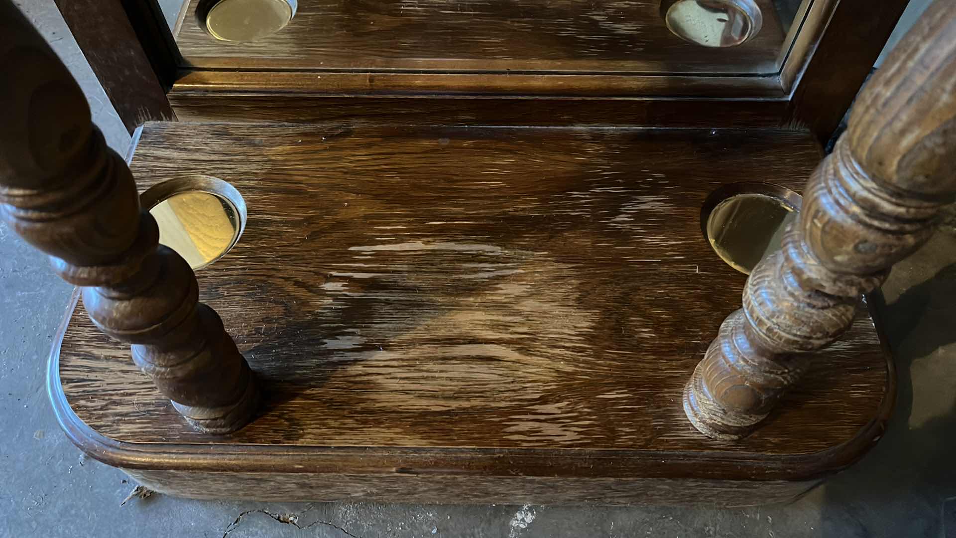 Photo 1 of VINTAGE DARK OAK FINISH WOOD MIRRORED ENTRYWAY HALL TREE UMBRELLA STAND 24.75” X 13” H82.5”