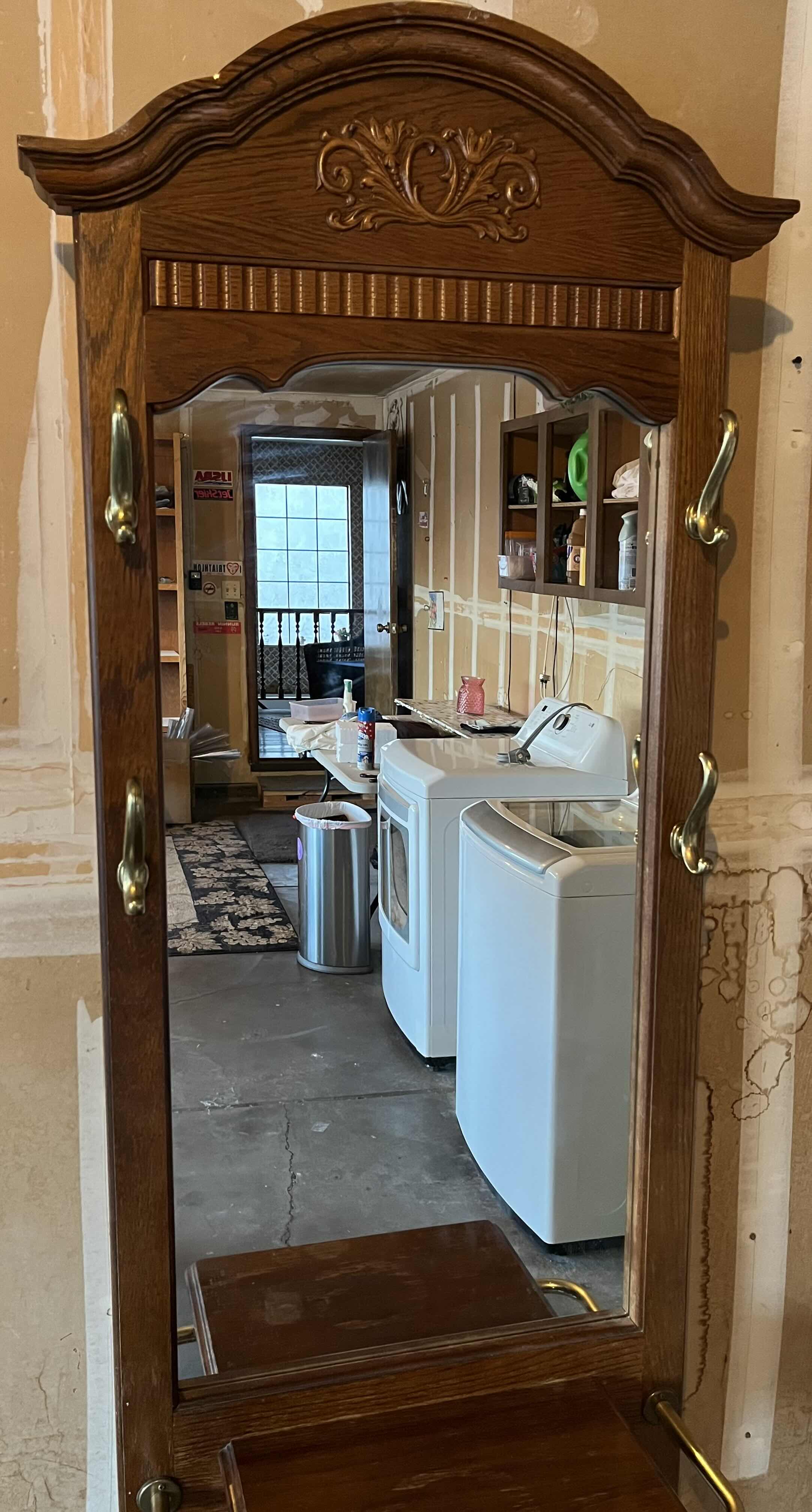 Photo 1 of VINTAGE DARK OAK FINISH WOOD MIRRORED ENTRYWAY HALL TREE UMBRELLA STAND 24.75” X 13” H82.5”