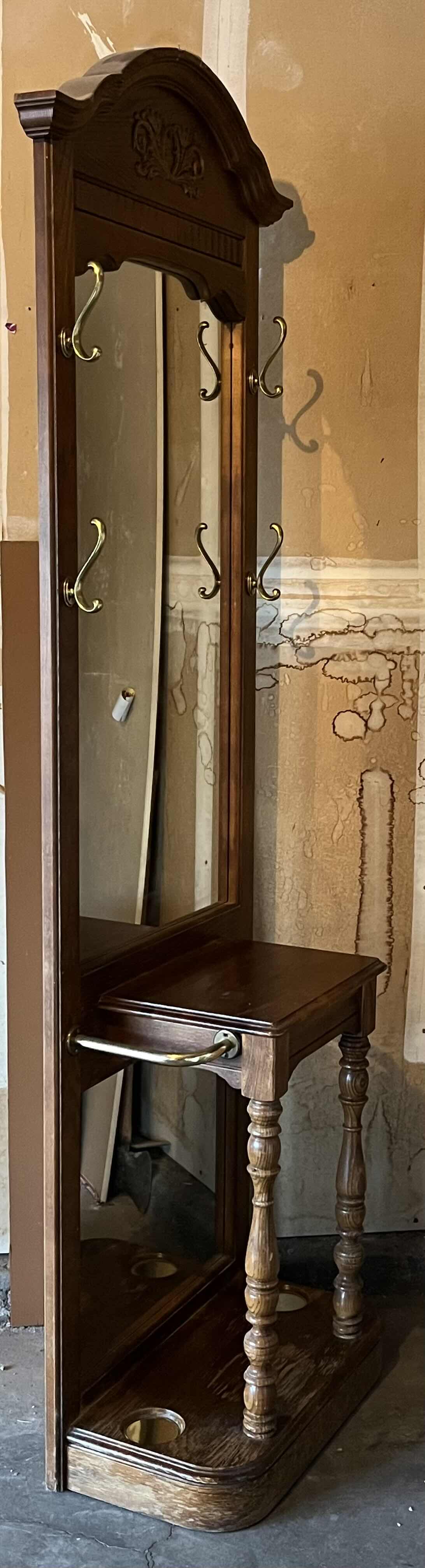 Photo 1 of VINTAGE DARK OAK FINISH WOOD MIRRORED ENTRYWAY HALL TREE UMBRELLA STAND 24.75” X 13” H82.5”