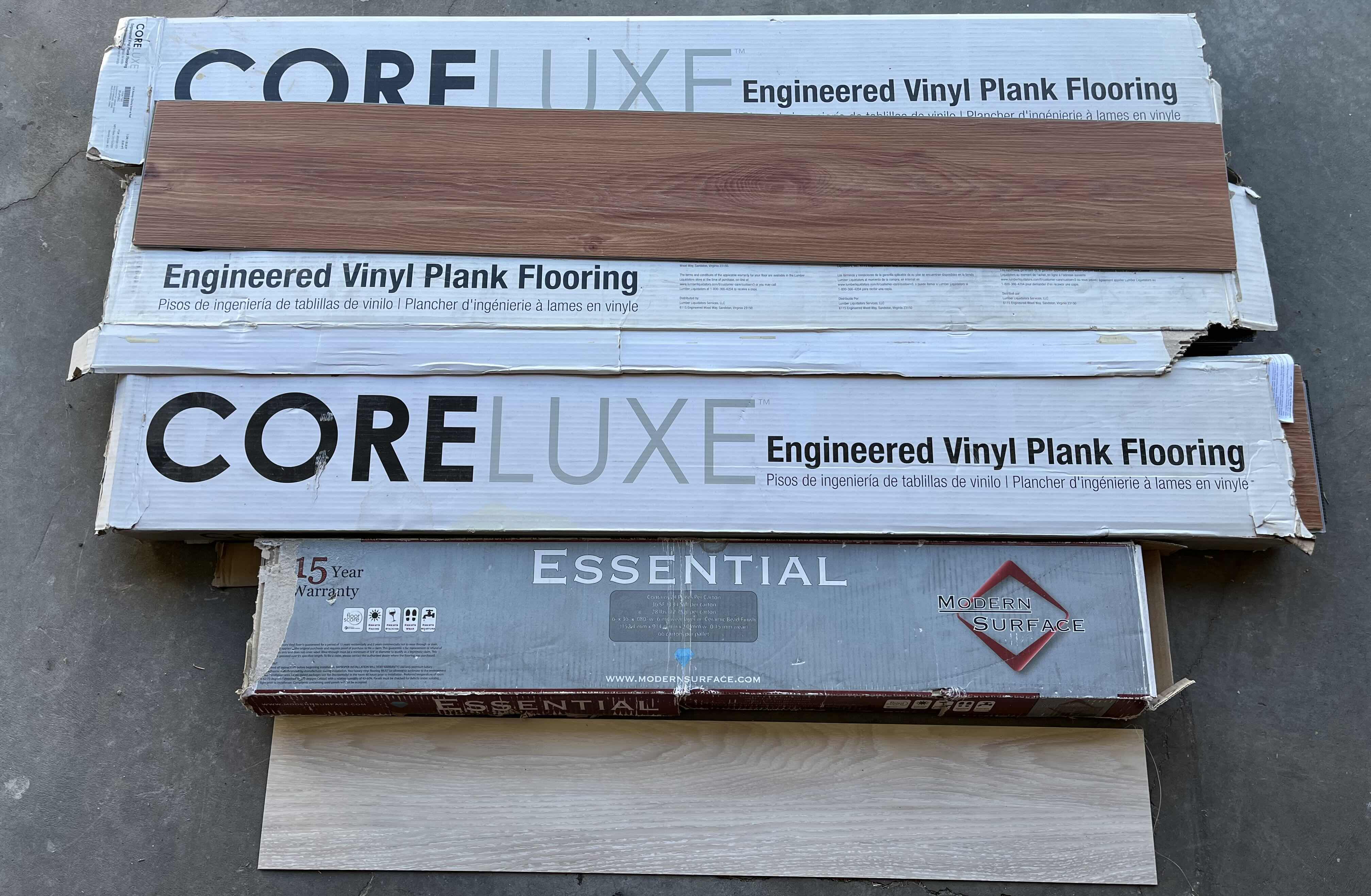 View 1 of CORE LUXE CLX RAINER CHERRY WOOD FINISH SNAP IN FLOATING VINYL PLANK FLOORING 7” X 48” (3CASES APPROX 50SQFT) & ESSENTIAL WASHED OAK FINISH GLUE DOWN VINYL PLANK FLOORING 6” X 36” (22PCS)