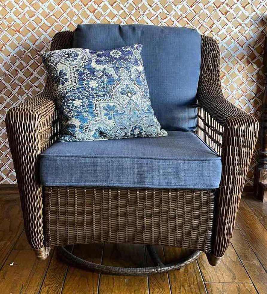 Photo 1 of HAMPTON BAY DARK WOVEN RATTAN ROCKING SWIVEL LOUNGE CHAIR W BLUE CUSHIONS 33.5” X 36” H37.25”