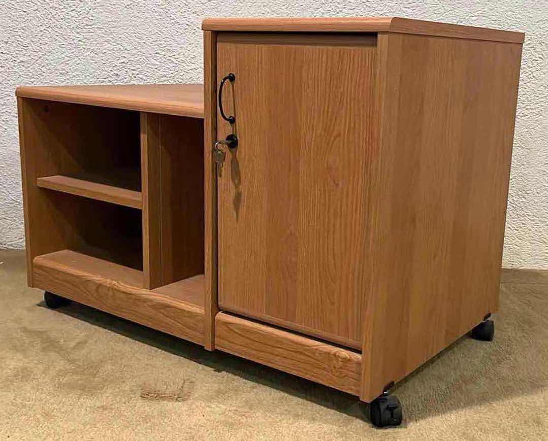 Photo 1 of WOOD GRAIN LAMINATE ROLLING CABINET ORGANIZER W KEYS 32” X 20” H23”