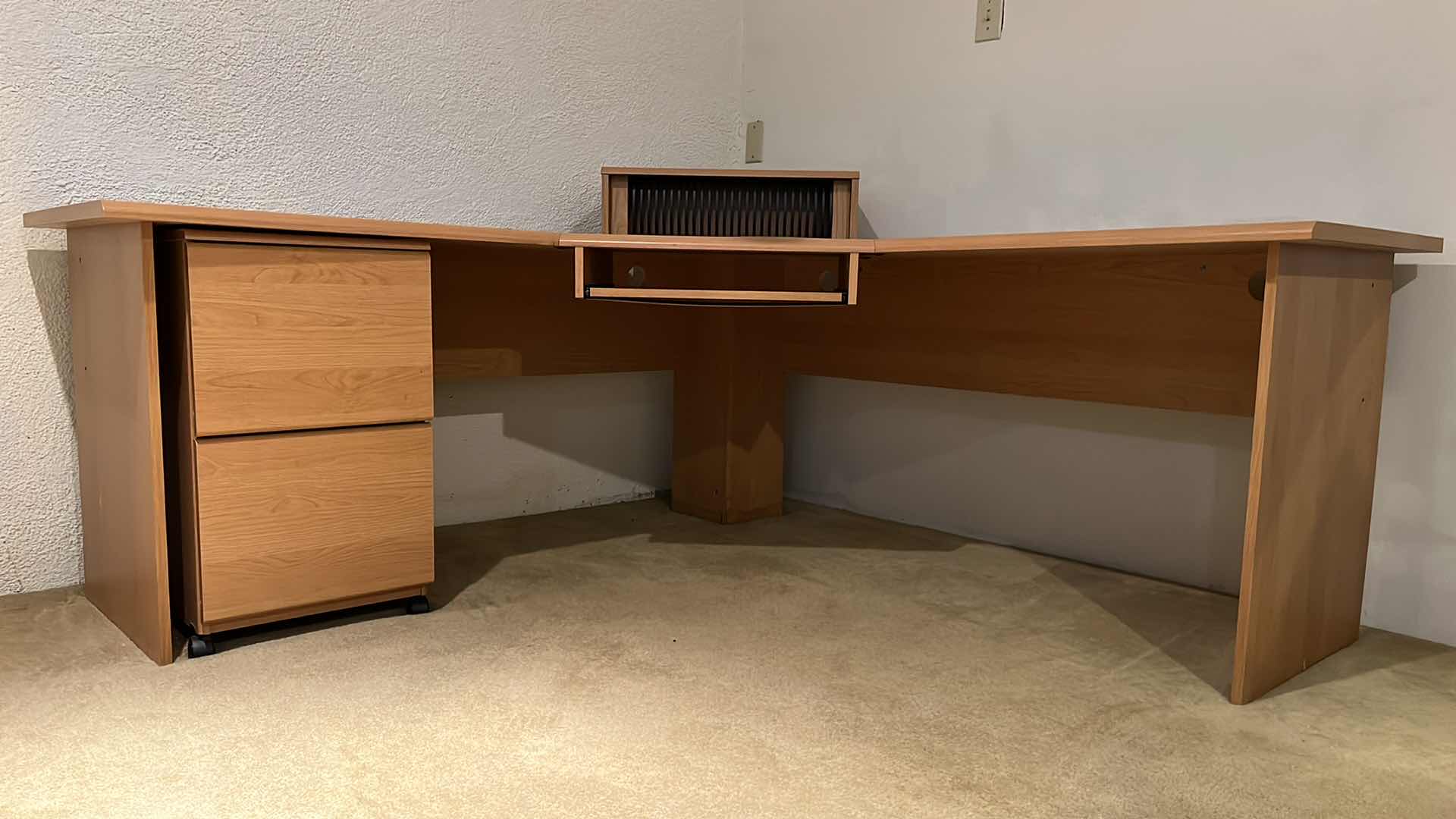 Photo 1 of WOOD GRAIN & GRAY TOP LAMINATE FINISH CORNER OFFICE DESK 99” X 70” H28”