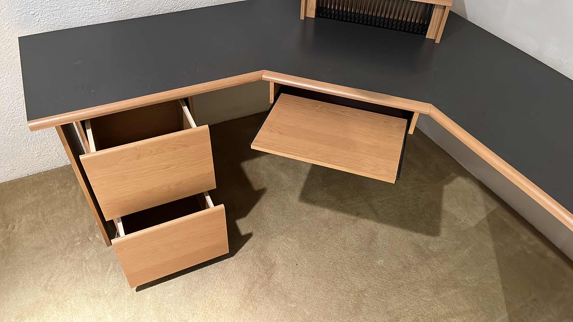 Photo 1 of WOOD GRAIN & GRAY TOP LAMINATE FINISH CORNER OFFICE DESK 99” X 70” H28”